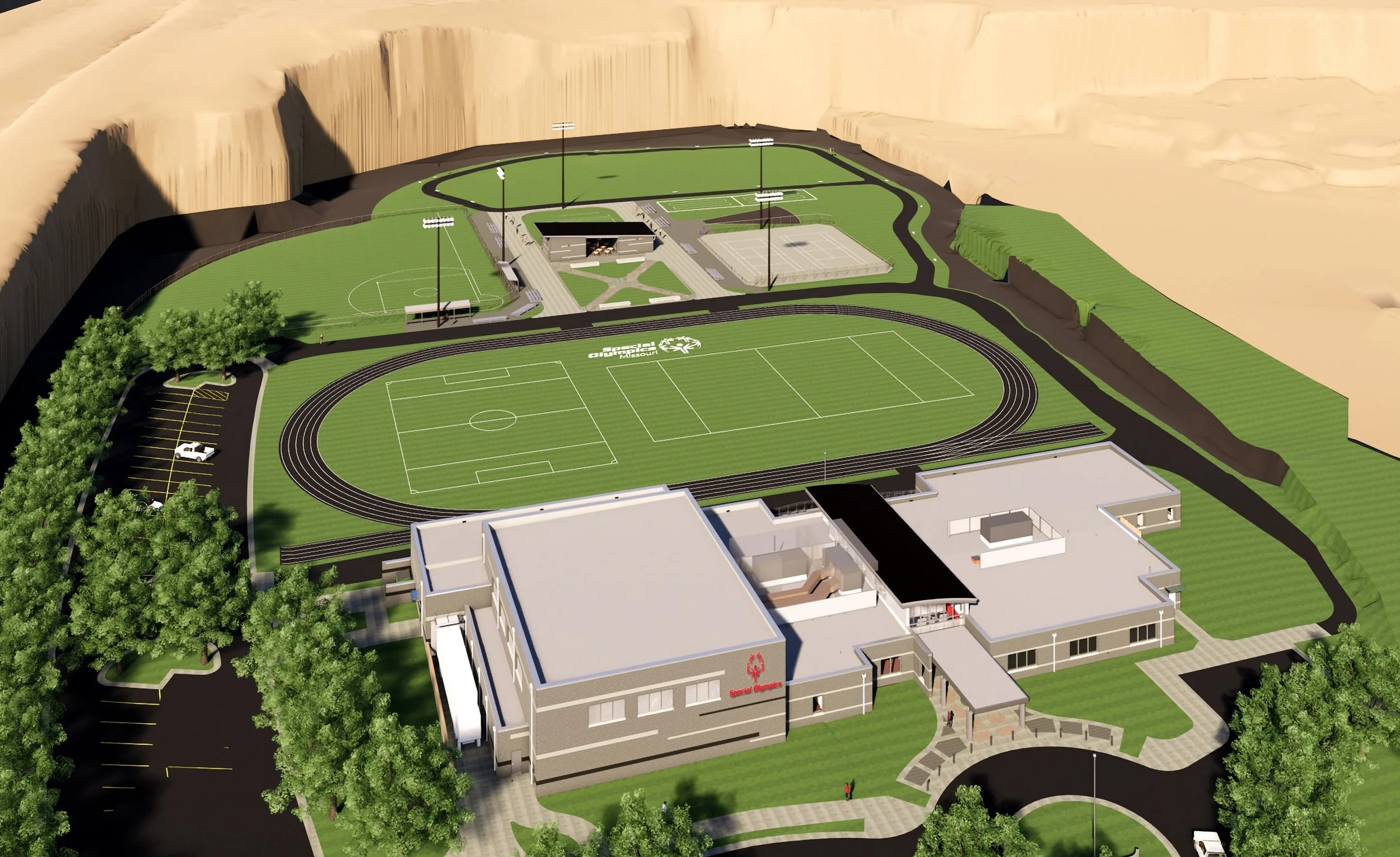 Aerial schematic view of the Training for Life Center and a view of the “Back 9” from the south.