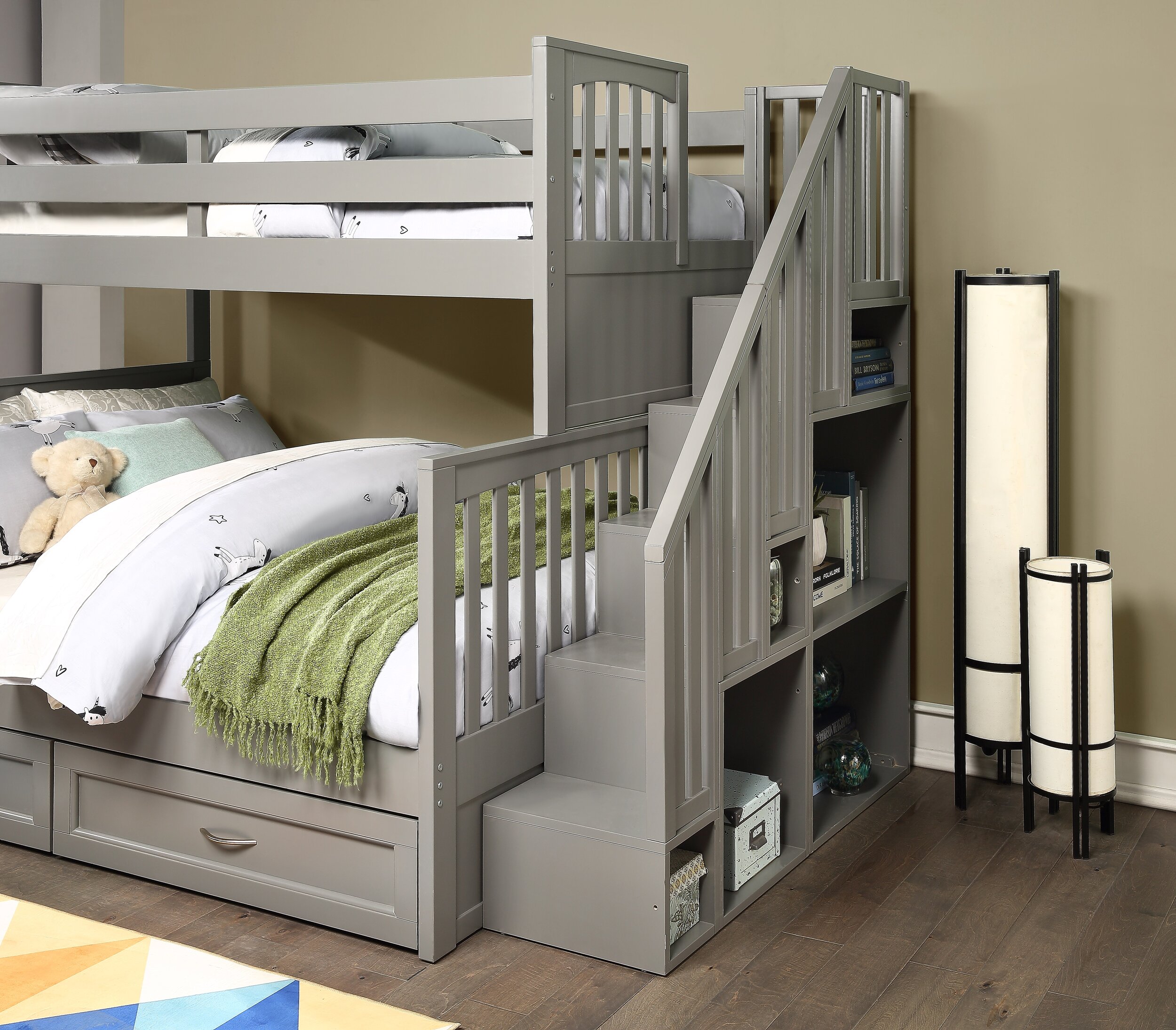 twin over double bunk bed with stairs