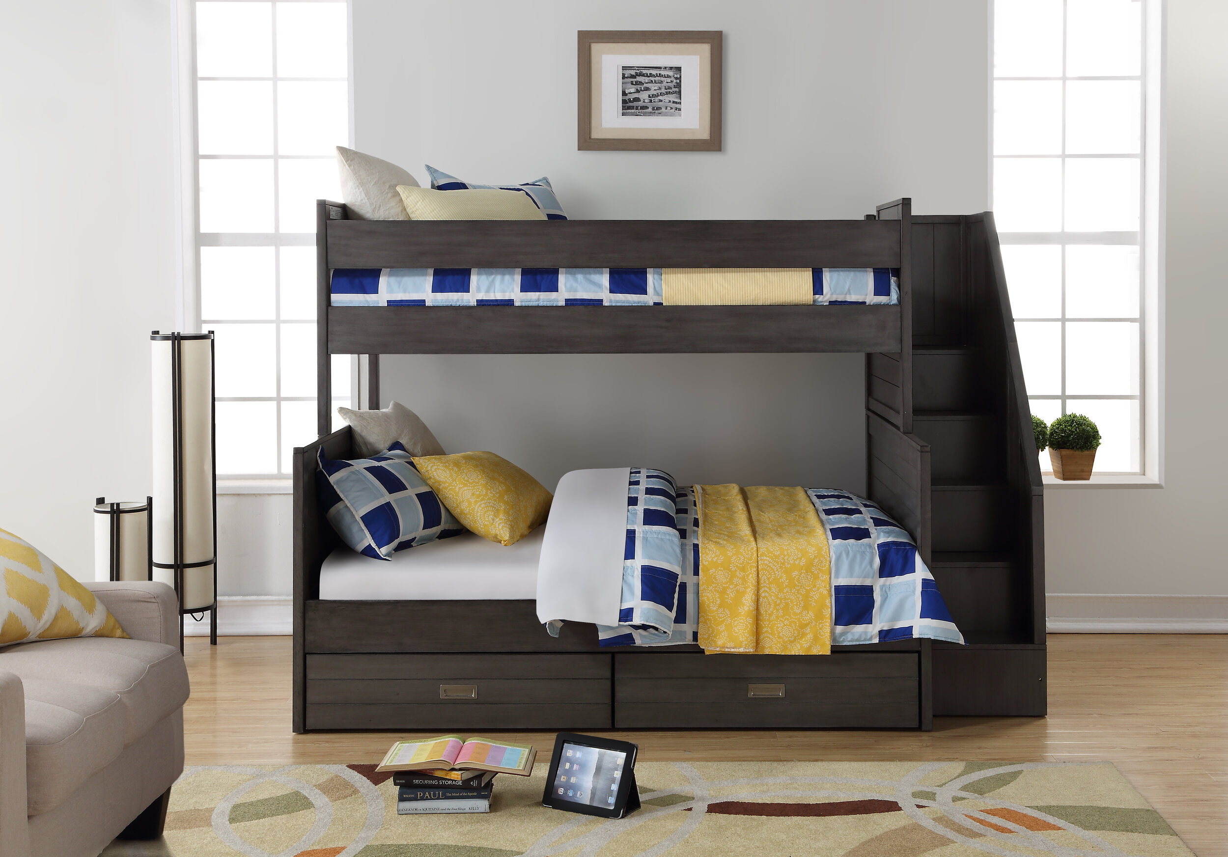twin over double bunk bed with stairs