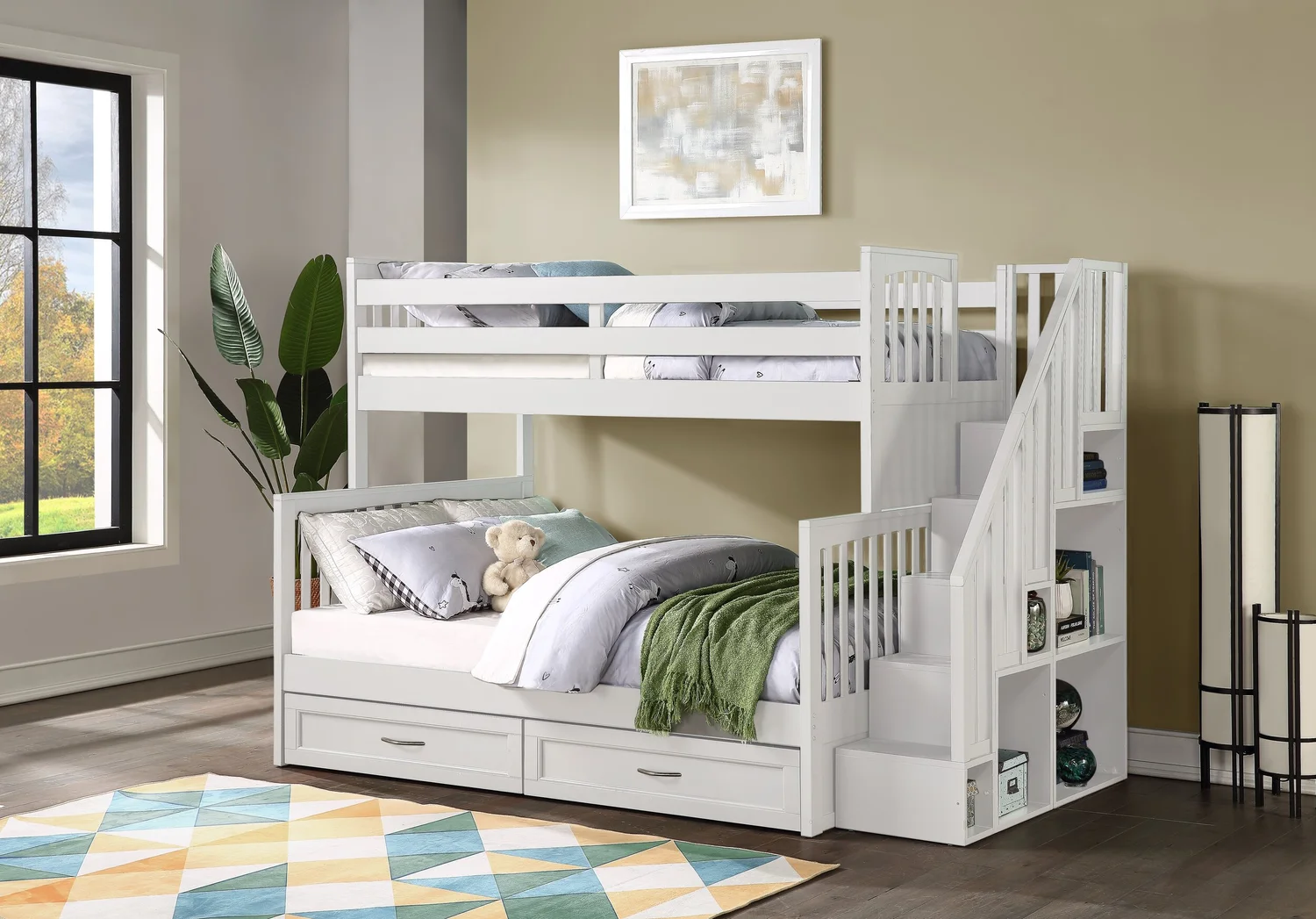 Kelsey Bunk Bed Twin Over Full With Staircase And Drawers White Building Blocks
