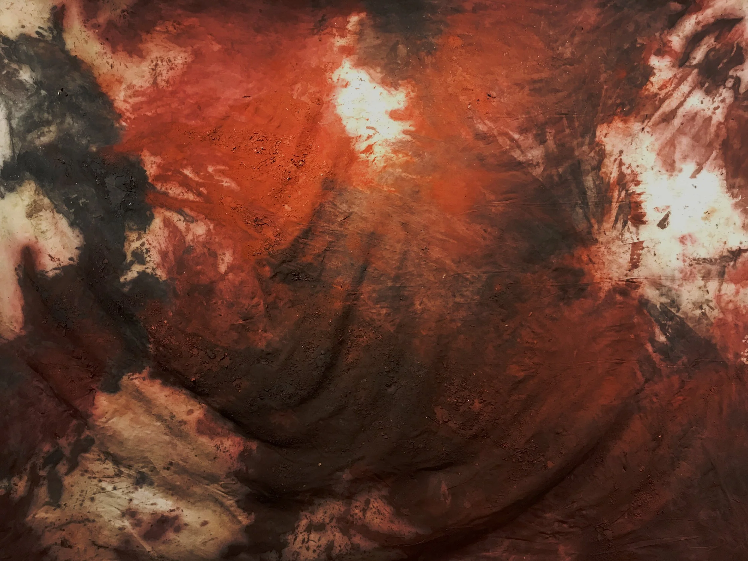   Backyard , 2019, Chris Fisher, 9 x 12’, chalk, bleach, dirt on canvas 