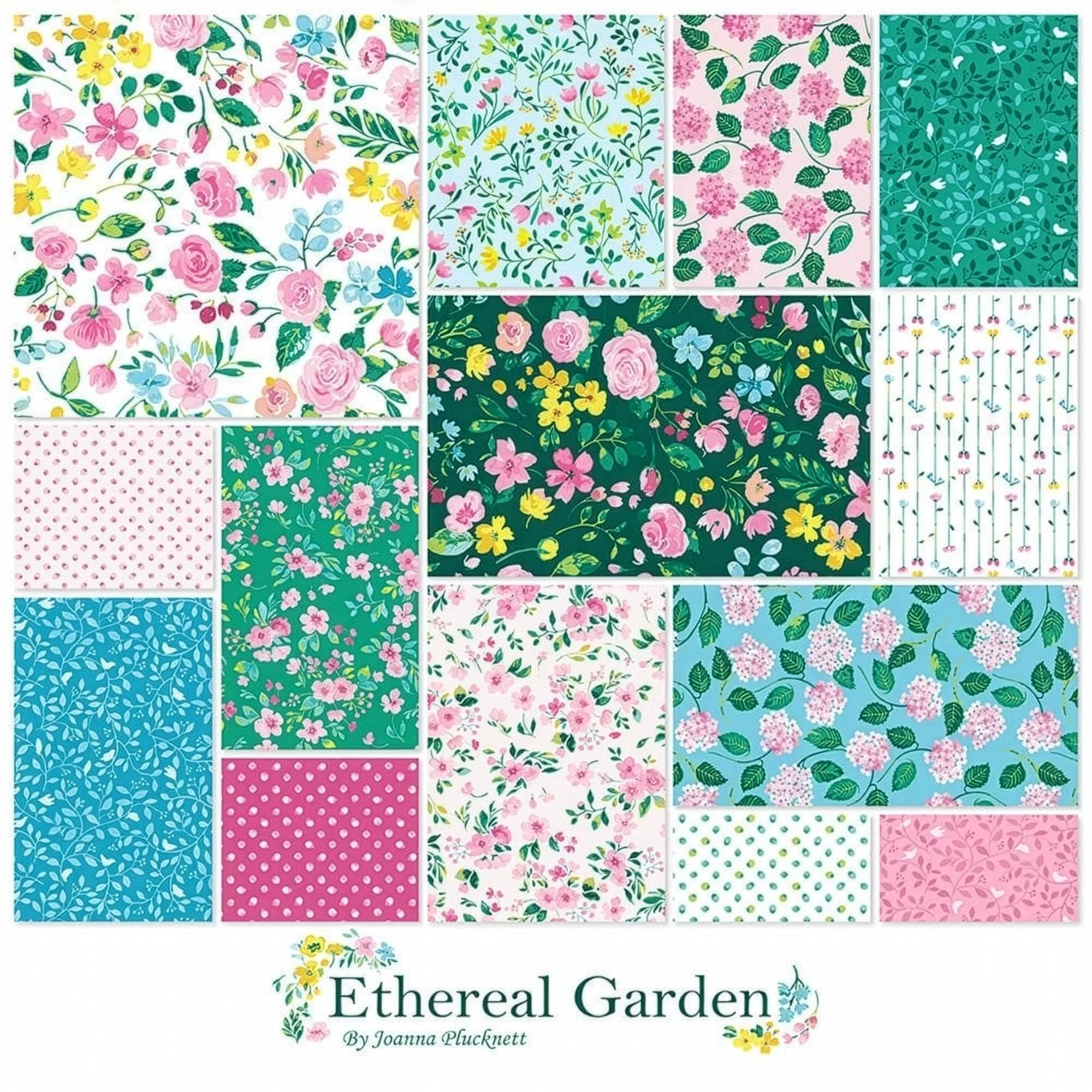 A collection of floral patterned fabrics with various colors and designs, titled 'Ethereal Garden' by Joanna Plucknett.
