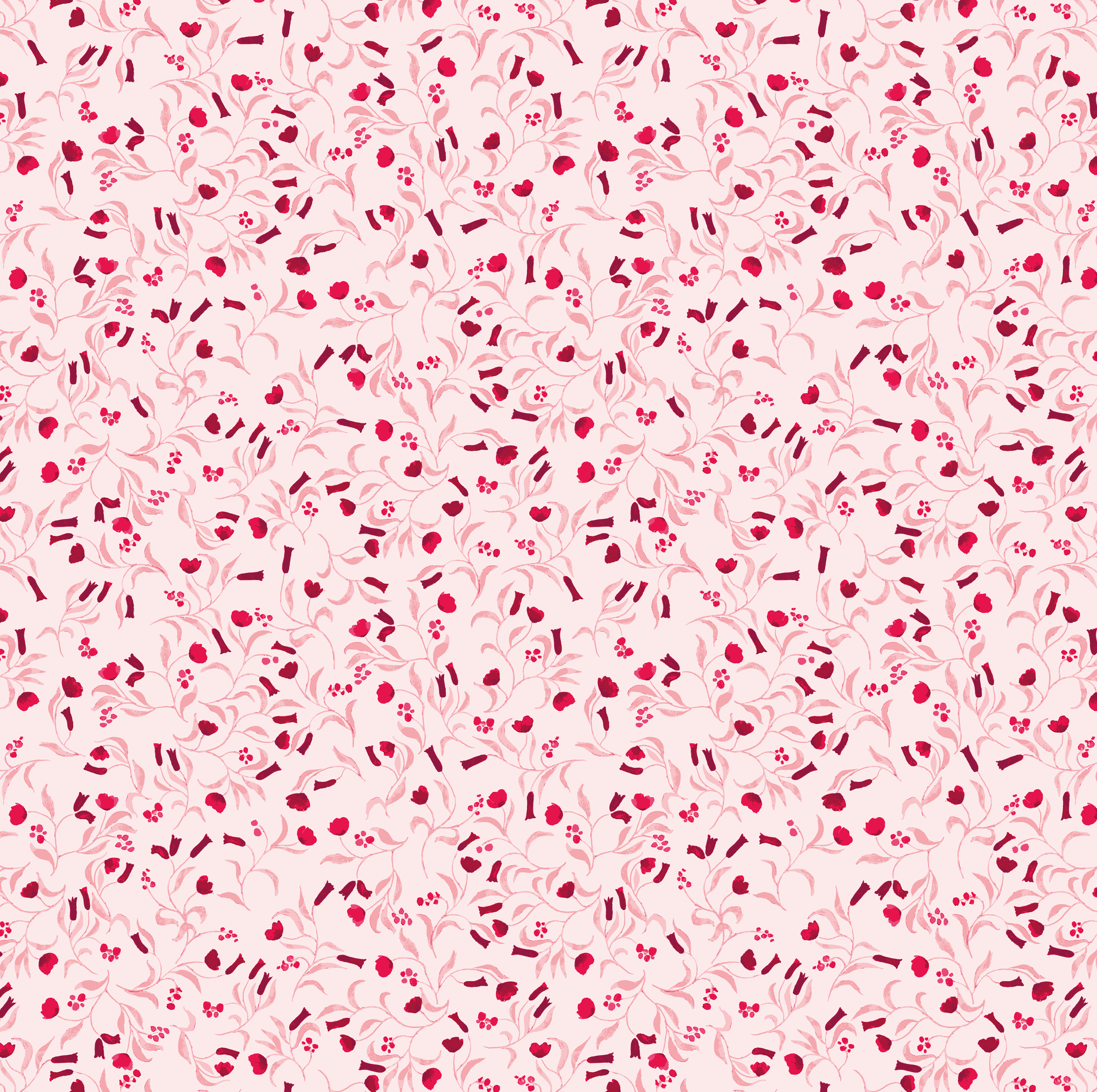 Small print of leaves and flowers in pinks and reds