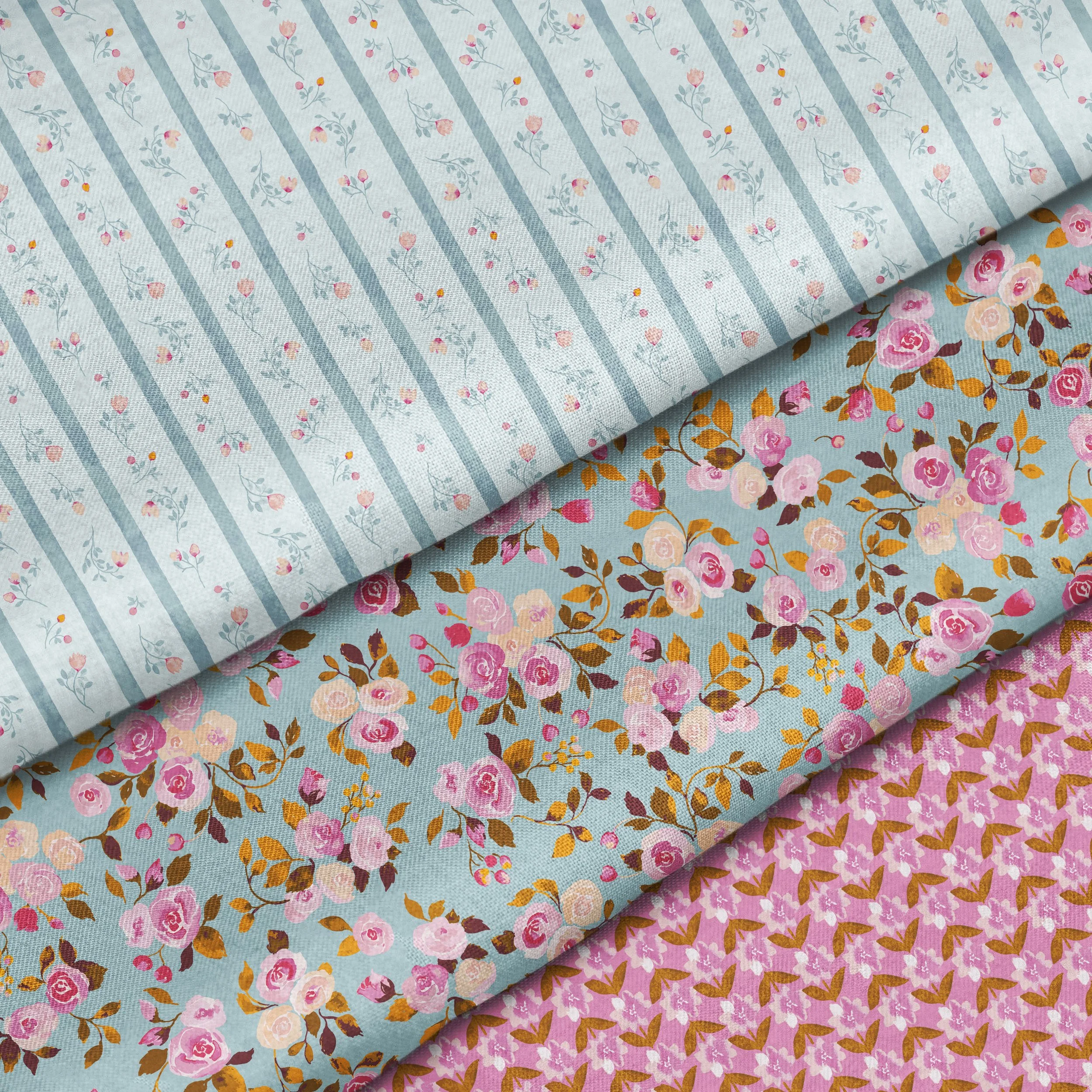 A mockup of three fabric patterns: floral stripes, pink roses on blue and a geometric floral pink