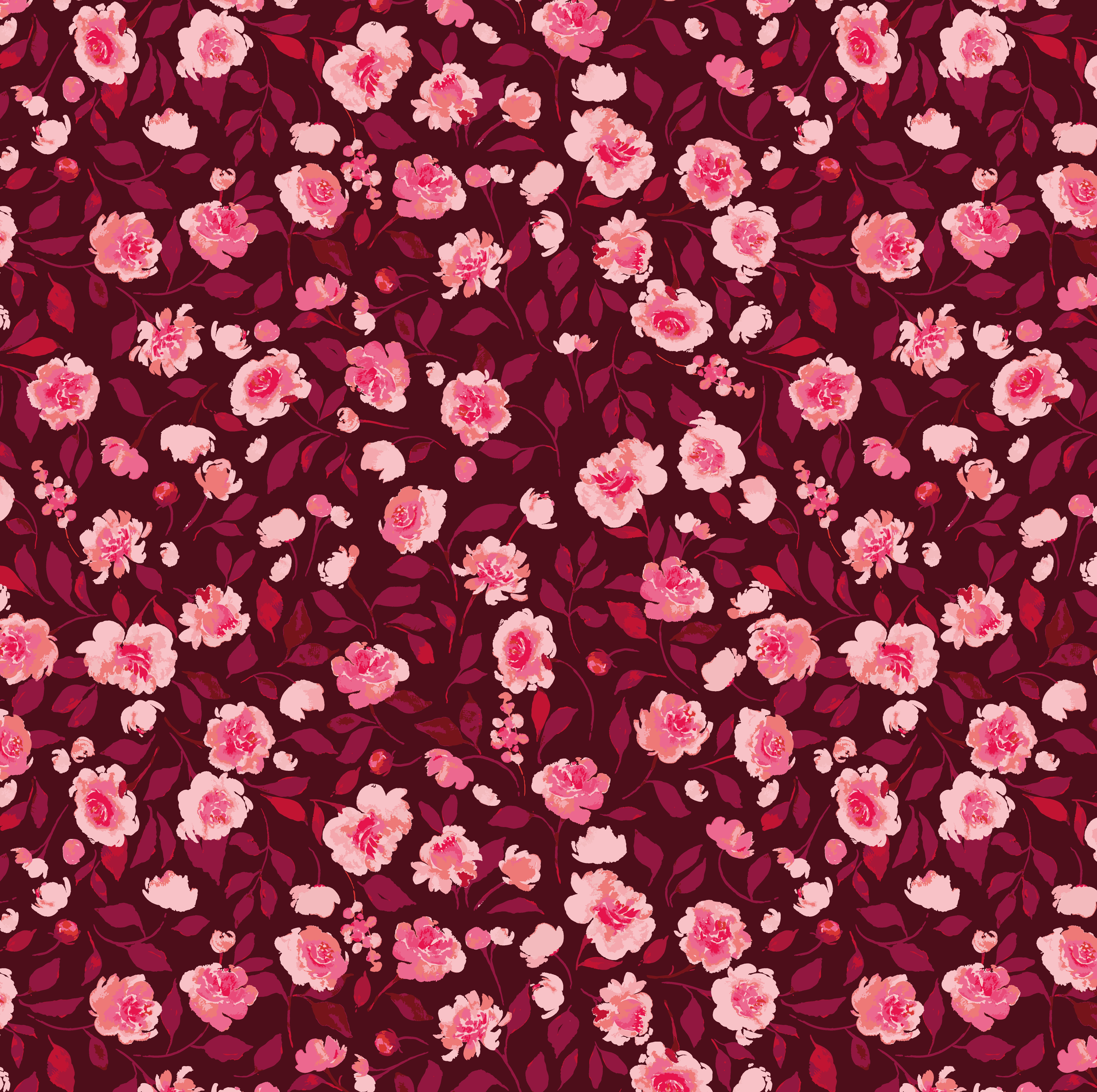 moody floral pattern of peonies in dark red and pink hues