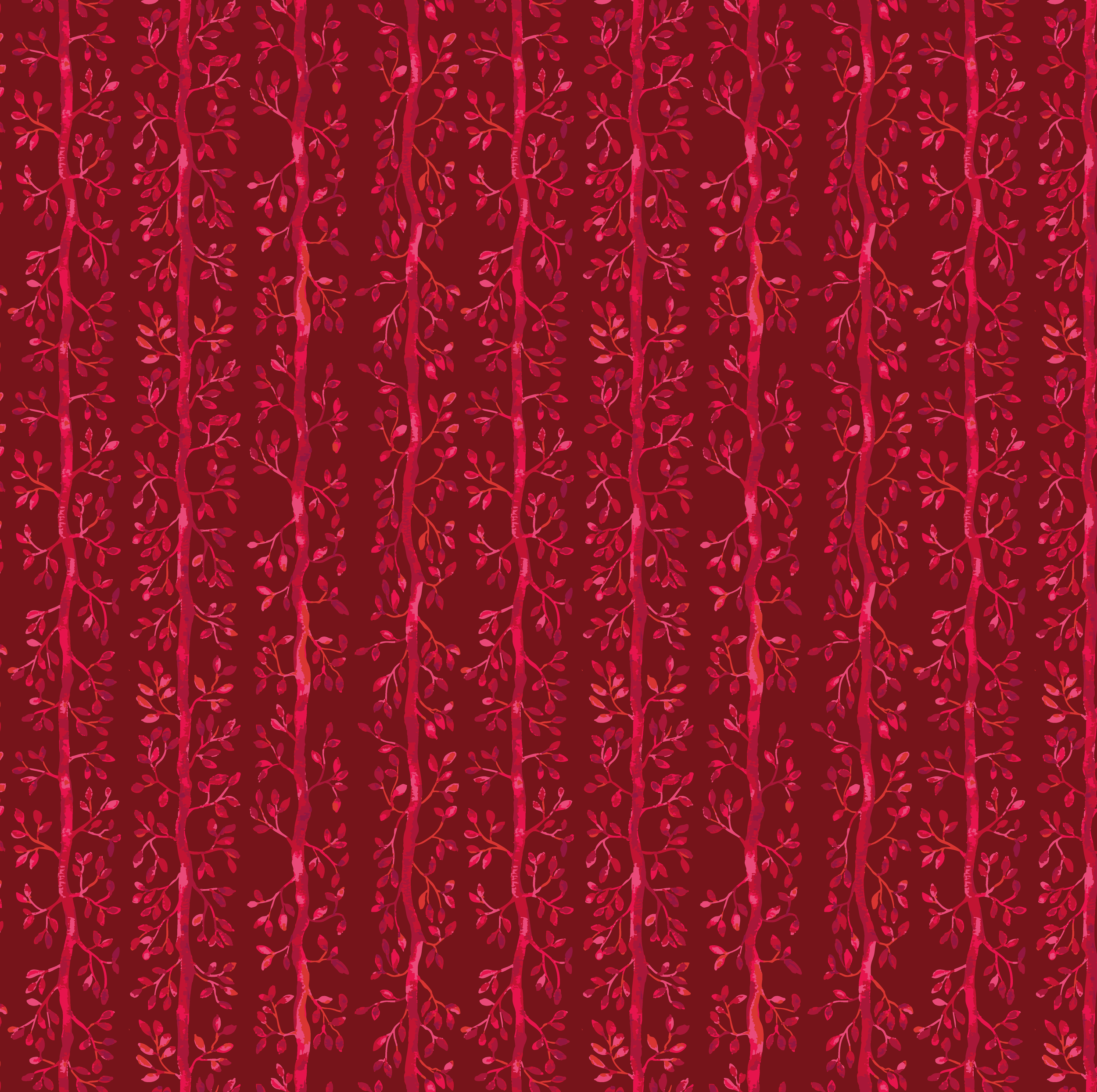 Vertical stripes of leafy vines on dark red background