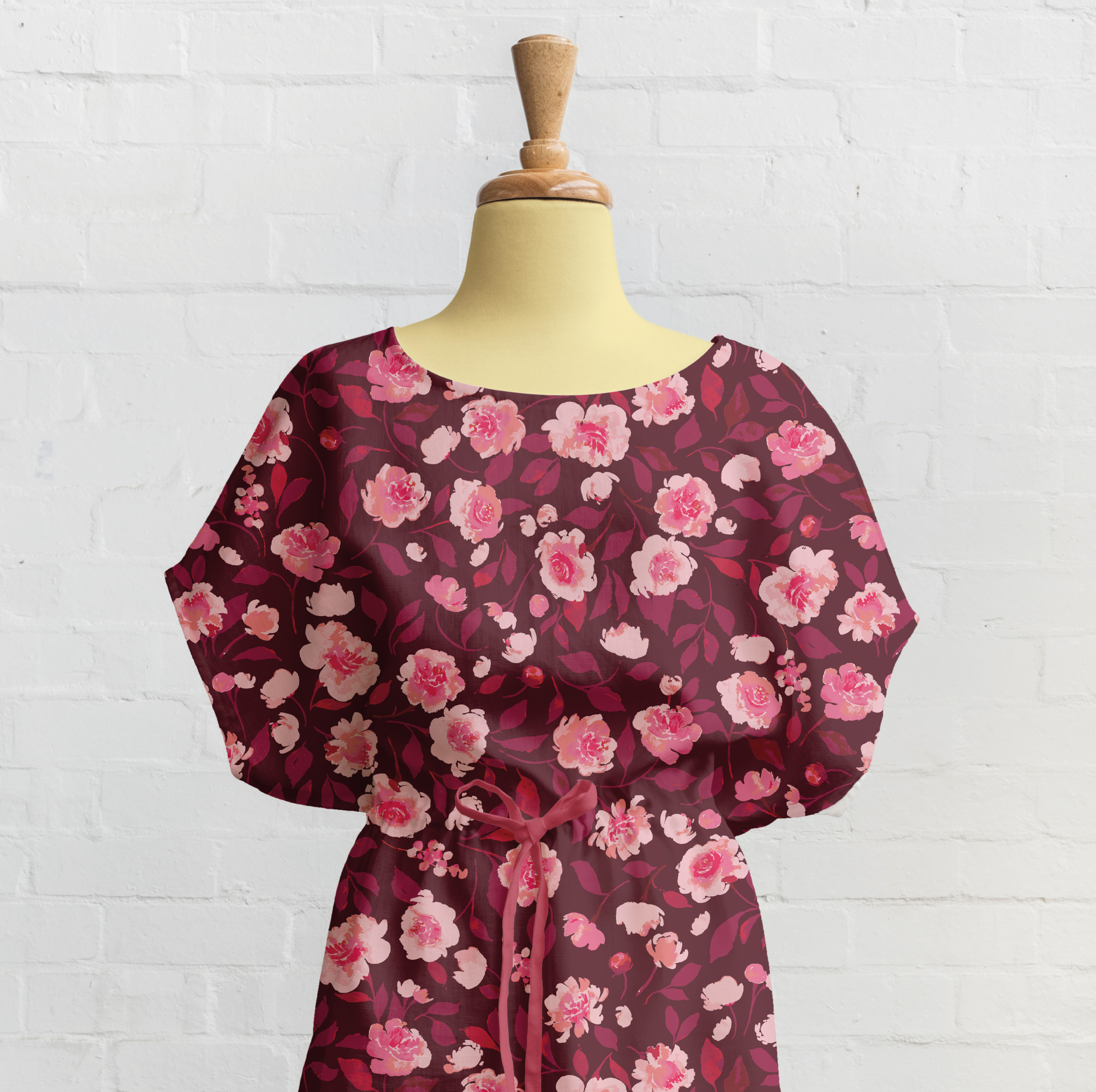 Simple dress mockup with dark red peony pattern