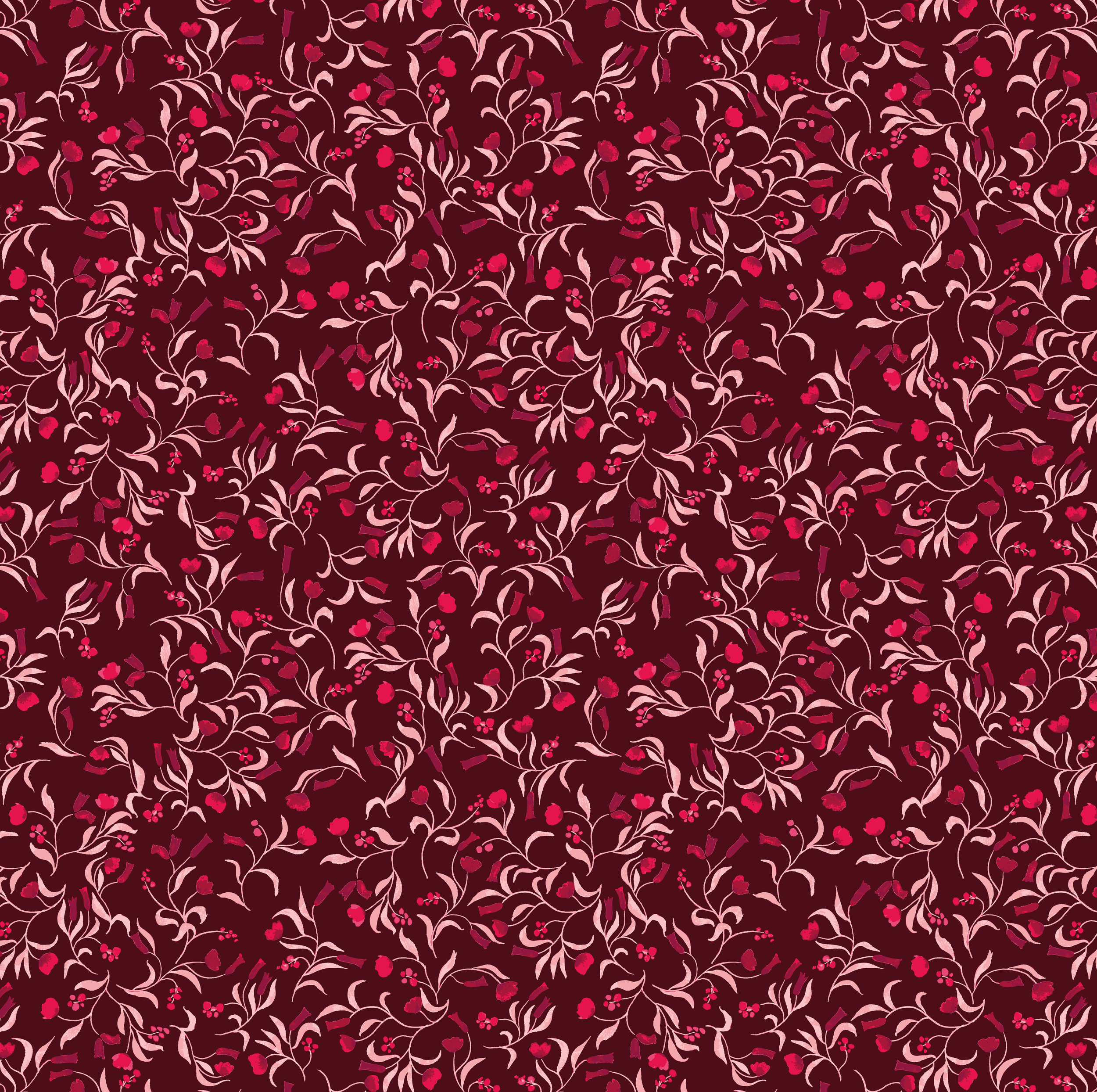 Leafy pattern with small flowers on dark red