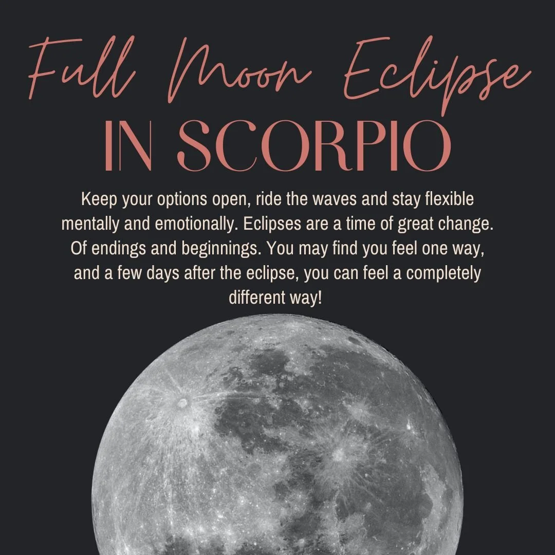 The Scorpio Full Moon Eclipse is here! 🌝  Swipe left 👈  to find out more & find out some ways you can honor your self-care. 💕 
It's time to delve deep into the shadows and uncover what needs to be revealed. This lunar eclipse is a powerful ti
