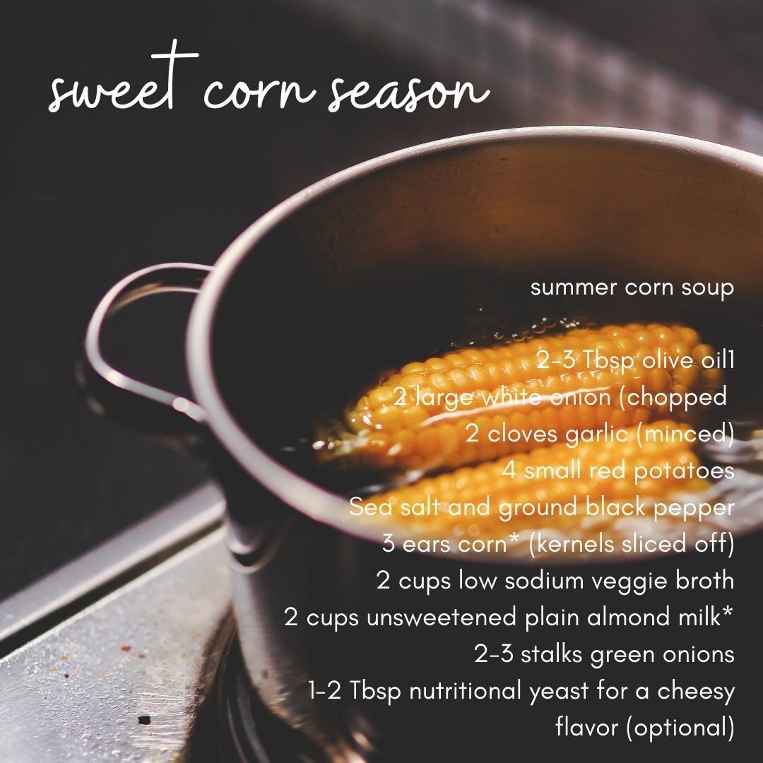 Sweet corn is in season for only a couple more weeks so make sure to stop by the market and pick some up! Here is a simple recipe for summer corn soup:

2-3 Tbsp olive oil
1/2 large white onion (chopped // 1/2 onion yields ~1 cup)
2 cloves garlic (mi