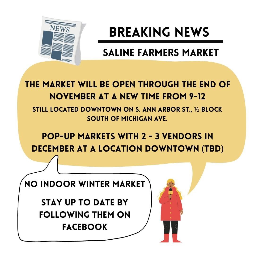 The @salinefarmersmarket is changing thier hours for thier extended outdoor season from 9 am to 12 pm, but the location willl not change from S. Ann Arbor St., 1/2 a block S. of Michigan Ave., Saline, MI 48176 (downtown Saline). Thats not all though 