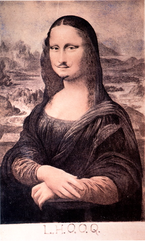L.H.O.O.Q Marcel Duchamp, 1919. The pronunciation is the same as “Elle a chaud au cul” meaning she has a hot ass