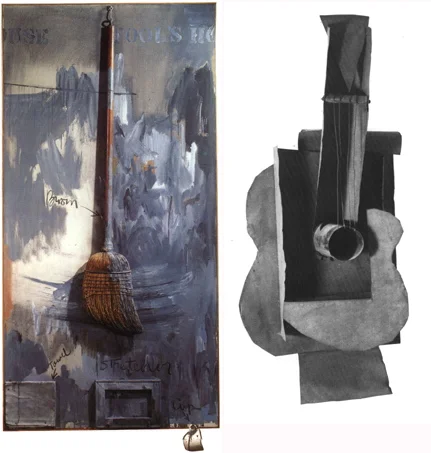 left: Jasper Johns, Fool's House, 1962. right: Pablo Picasso, Guitar, 1912.