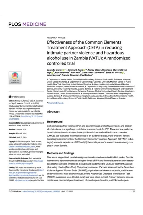 Effectiveness of the Common Elements Treatment Approach (CETA) in reducing intimate partner violence and hazardous alcohol use in Zambia (VATU): A randomized controlled trial.jpg