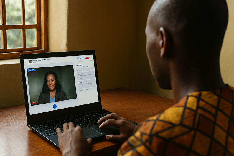 Person using a laptop to participate in a video call or virtual interview in a room with a window.