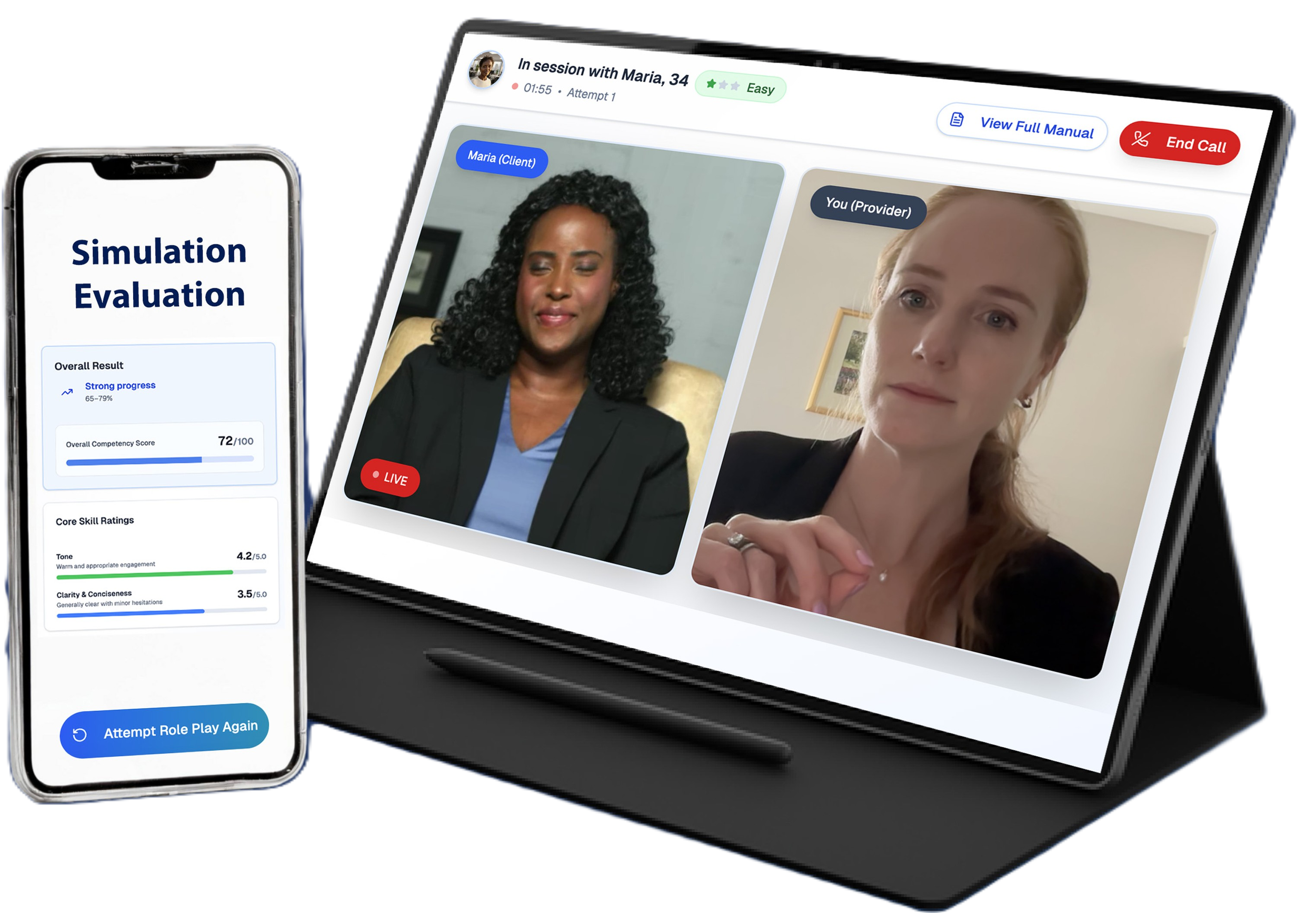 A tablet and a smartphone display a virtual interview and assessment interface. The tablet shows a video call with an interviewer and interviewee, with options to view the full manual or end the call. The smartphone shows a simulation evaluation screen with a progress report, competency score, and role play attempt button.