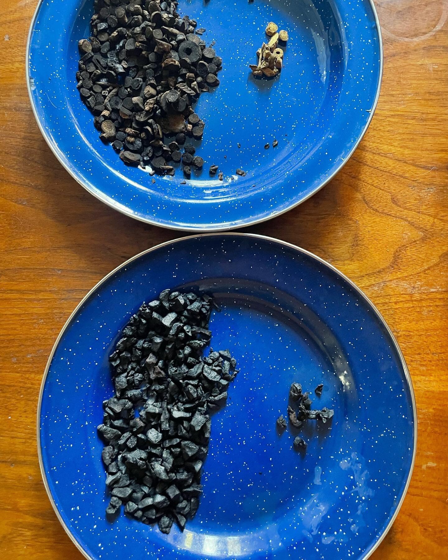Charring herbs makes them more styptic.  Here are huang qin (top) and sheng di (bottom) charred.  On the right you see the herb before charring.

Huang qin clears heat by opening pivots in the body that let our own life force move through them.  Shen