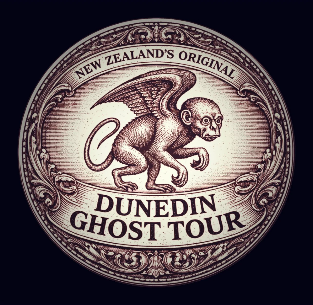 Victorian-style engraved emblem for the original Dunedin Ghost Tour by Hair Raiser Tours