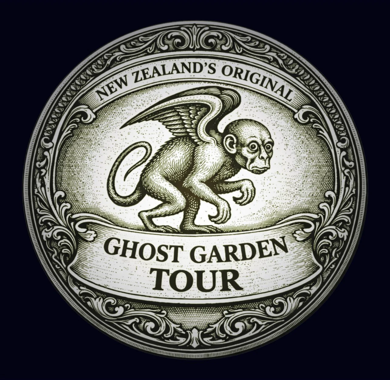 Decorative engraved emblem for the Ghost Garden Tour by Hair Raiser Tours