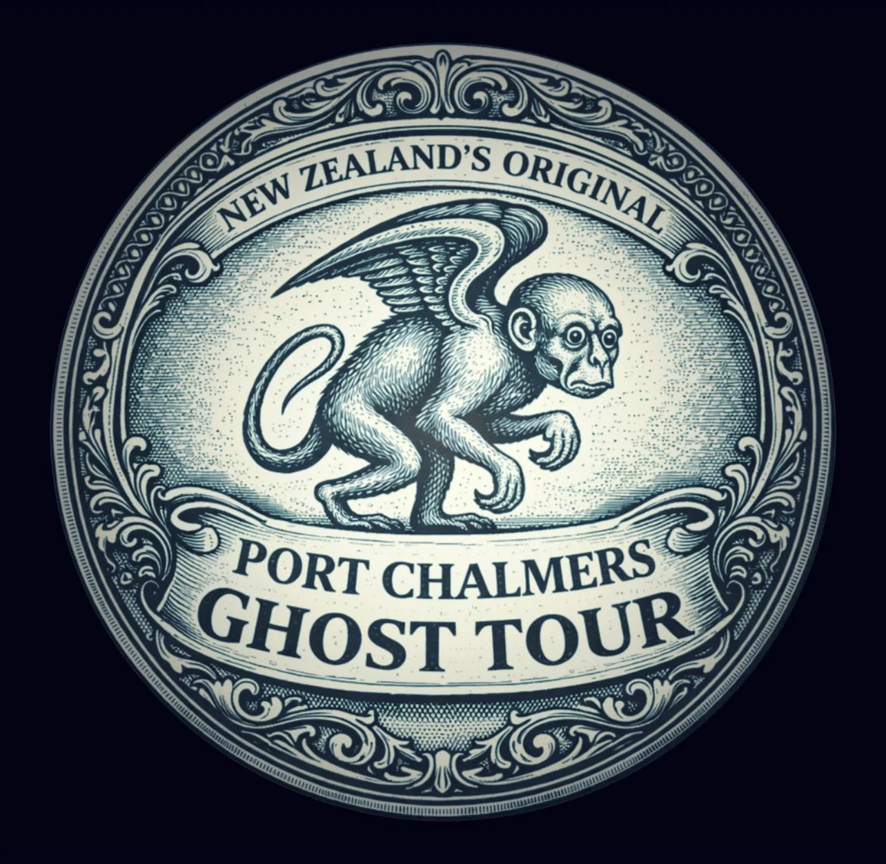 Engraved ghost tour emblem for Port Chalmers by Hair Raiser Tours