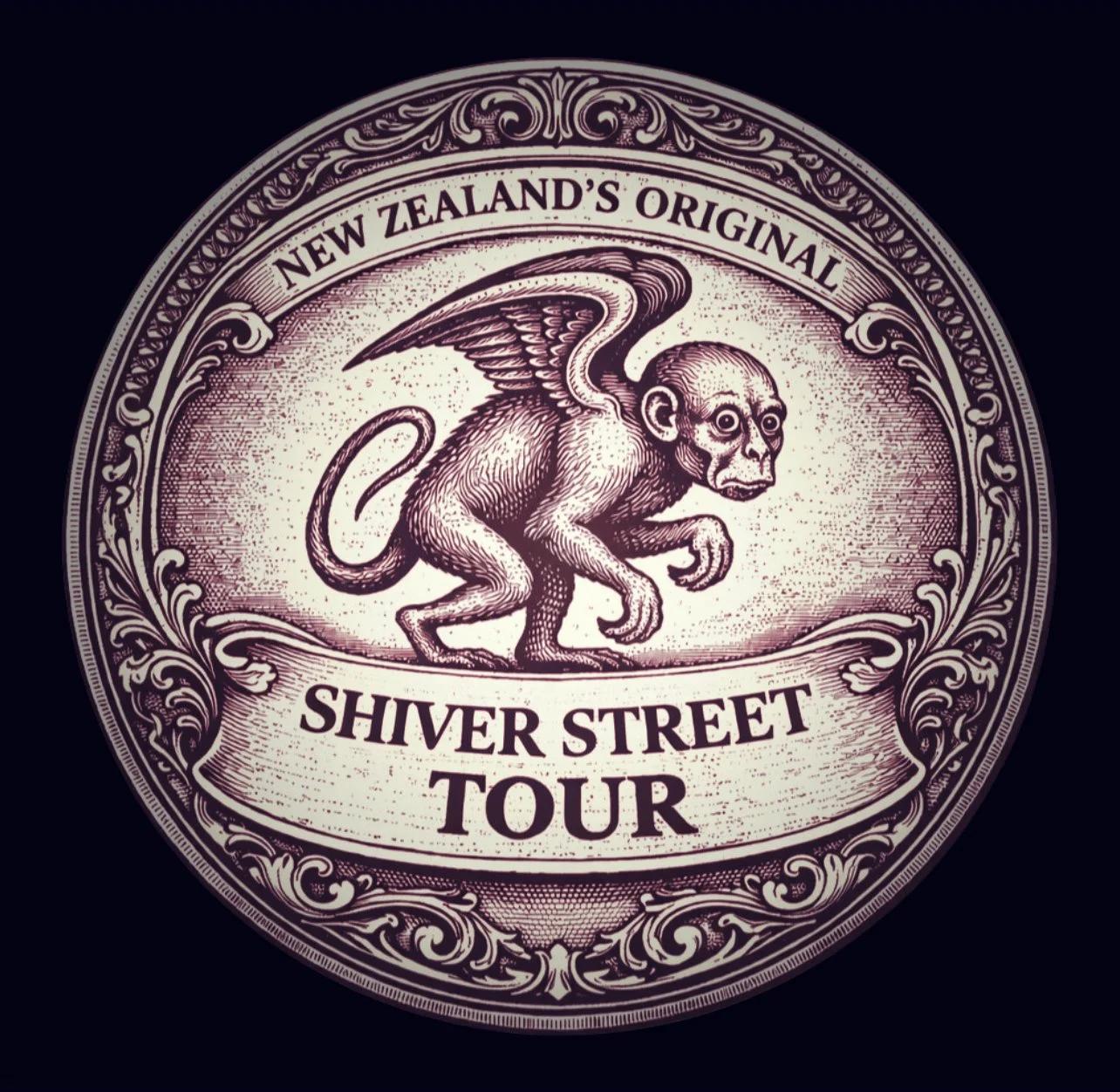 Vintage engraved emblem for the Shiver Street Tour by Hair Raiser Tours Dunedin