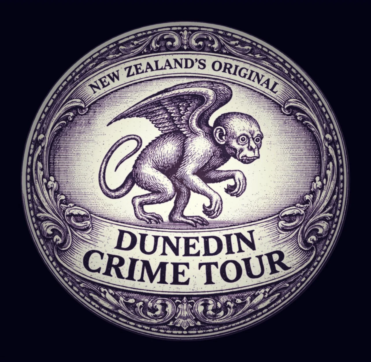 Engraved emblem for the Dunedin Crime Tour exploring dark history and true crime