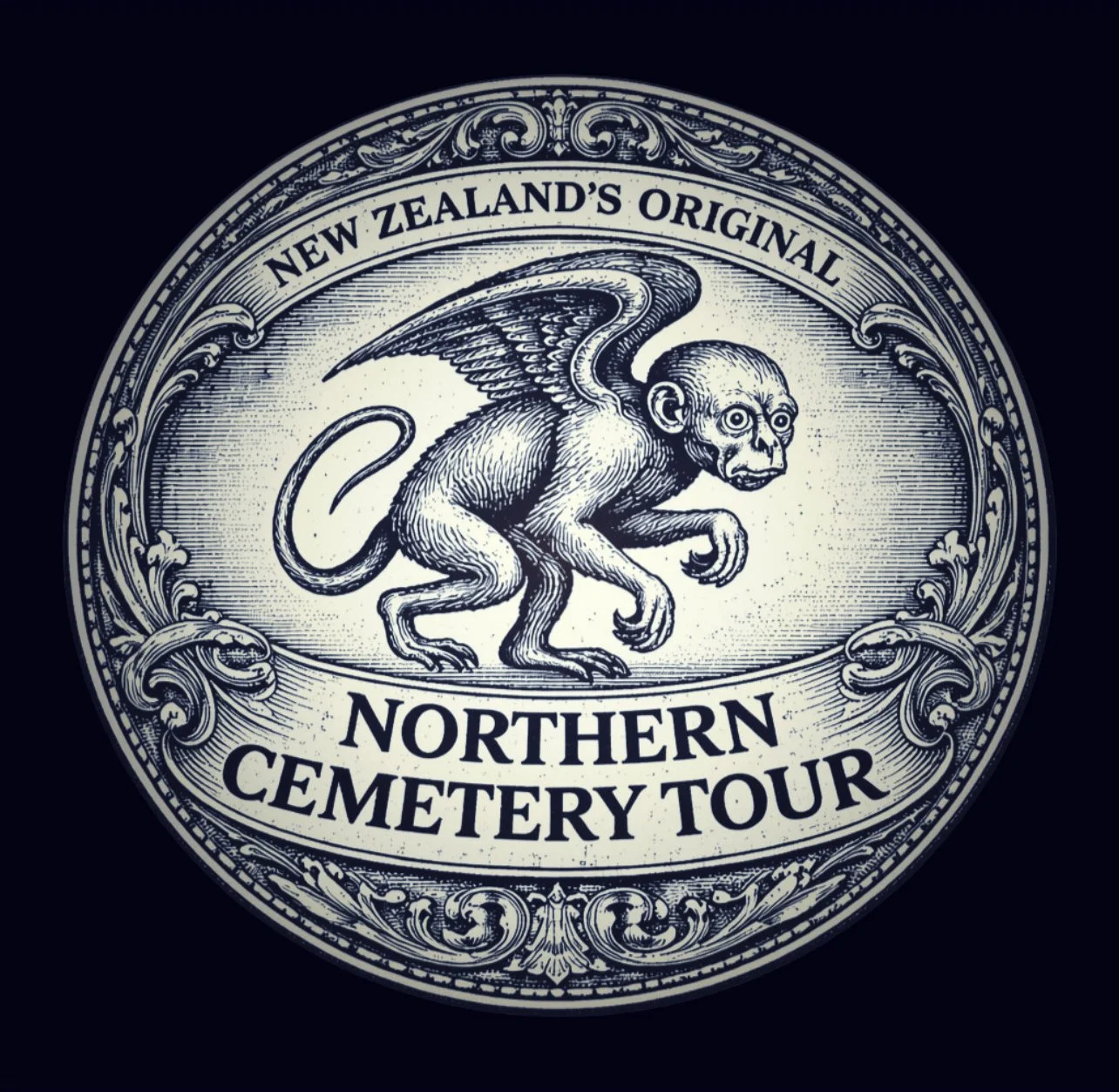 Antique engraved emblem for the Northern Cemetery Tour in Dunedin