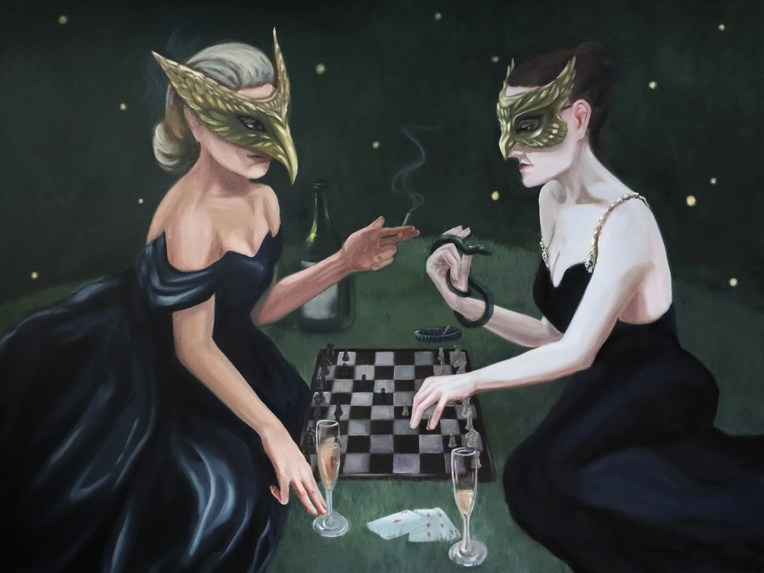 A Friendly Game of Chess - 48x36 ORIGINAL Oil Painting