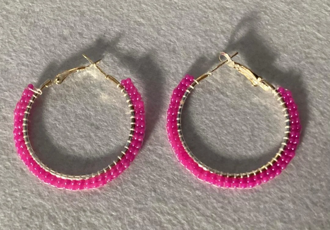 Pink Beaded Hoops
