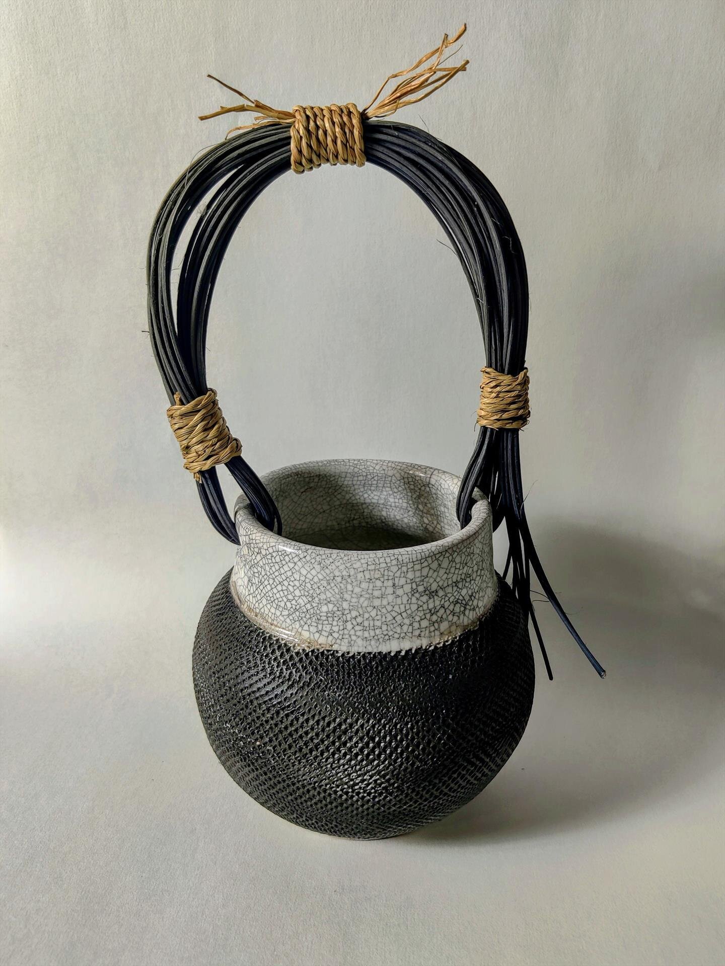 Raku Basket with Reed Handle