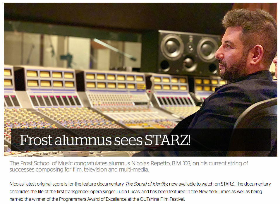 "Frost Alumnus sees STARZ!" Nicolas Repetto feature story by the Frost School of Music at the University of Miami