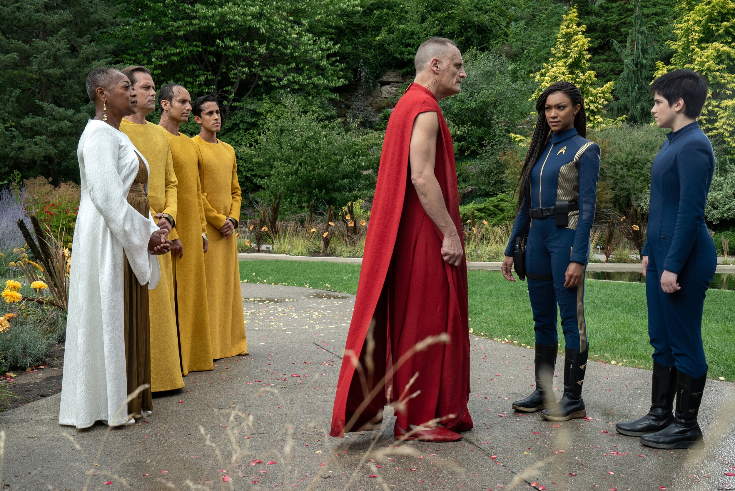   "Forget Me Not" -- Ep#304 -- Pictured (l-r): Karen Robinson as Leader Pav, Andres Apergis as Guardian Xi, Sonequa Martin-Green as Burnham and Blu del Barrio as Adira of the CBS All Access series STAR TREK: DISCOVERY. Photo Cr: Michael Gibson/CBS ©2