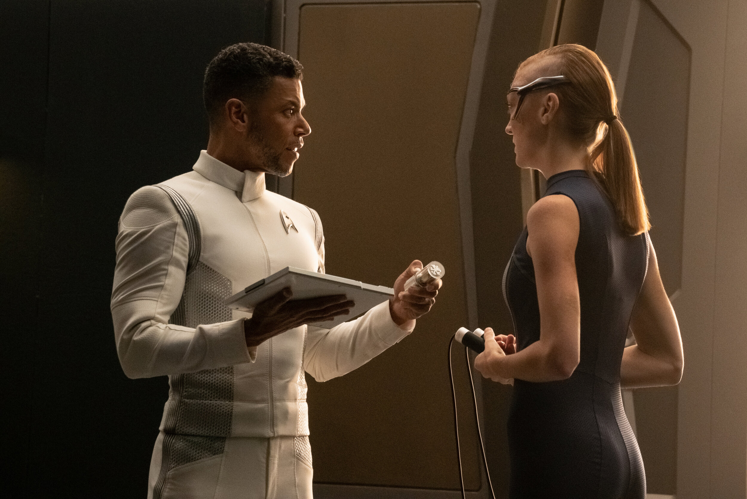   "Forget Me Not" -- Ep#304 -- Pictured: Wilson Cruz as Dr. Hugh Culber and Emily Coutts as Lt. Keyla Detmer of the CBS All Access series STAR TREK: DISCOVERY. Photo Cr: Michael Gibson/CBS ©2020 CBS Interactive, Inc. All Rights Reserved.  