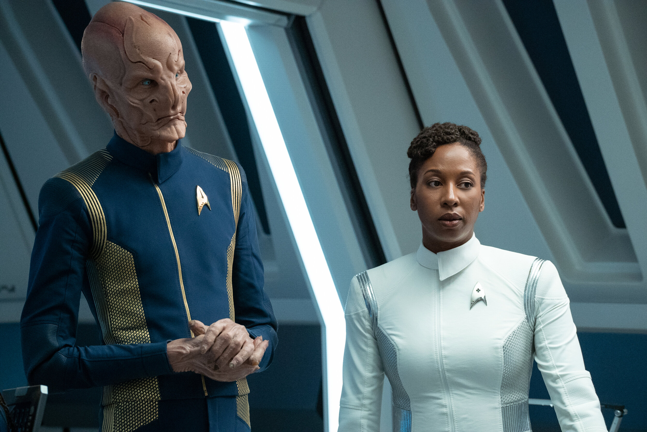   "Forget Me Not" -- Ep#304 -- Pictured: Doug Jones as Saru and Raven Dauda as Doctor Pollard of the CBS All Access series STAR TREK: DISCOVERY. Photo Cr: Michael Gibson/CBS ©2020 CBS Interactive, Inc. All Rights Reserved.  