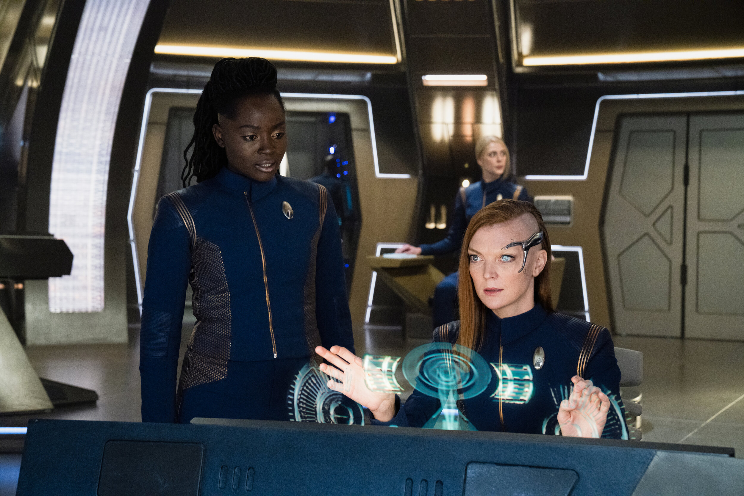   "The Sanctuary" -- Ep#308 -- Pictured: Oyin Oladejo as Lt. Joann Owosekun and Emily Coutts as Lt. Keyla Detmer of the CBS All Access series STAR TREK: DISCOVERY. Photo Cr: Michael Gibson/CBS ©2020 CBS Interactive, Inc. All Rights Reserved.  