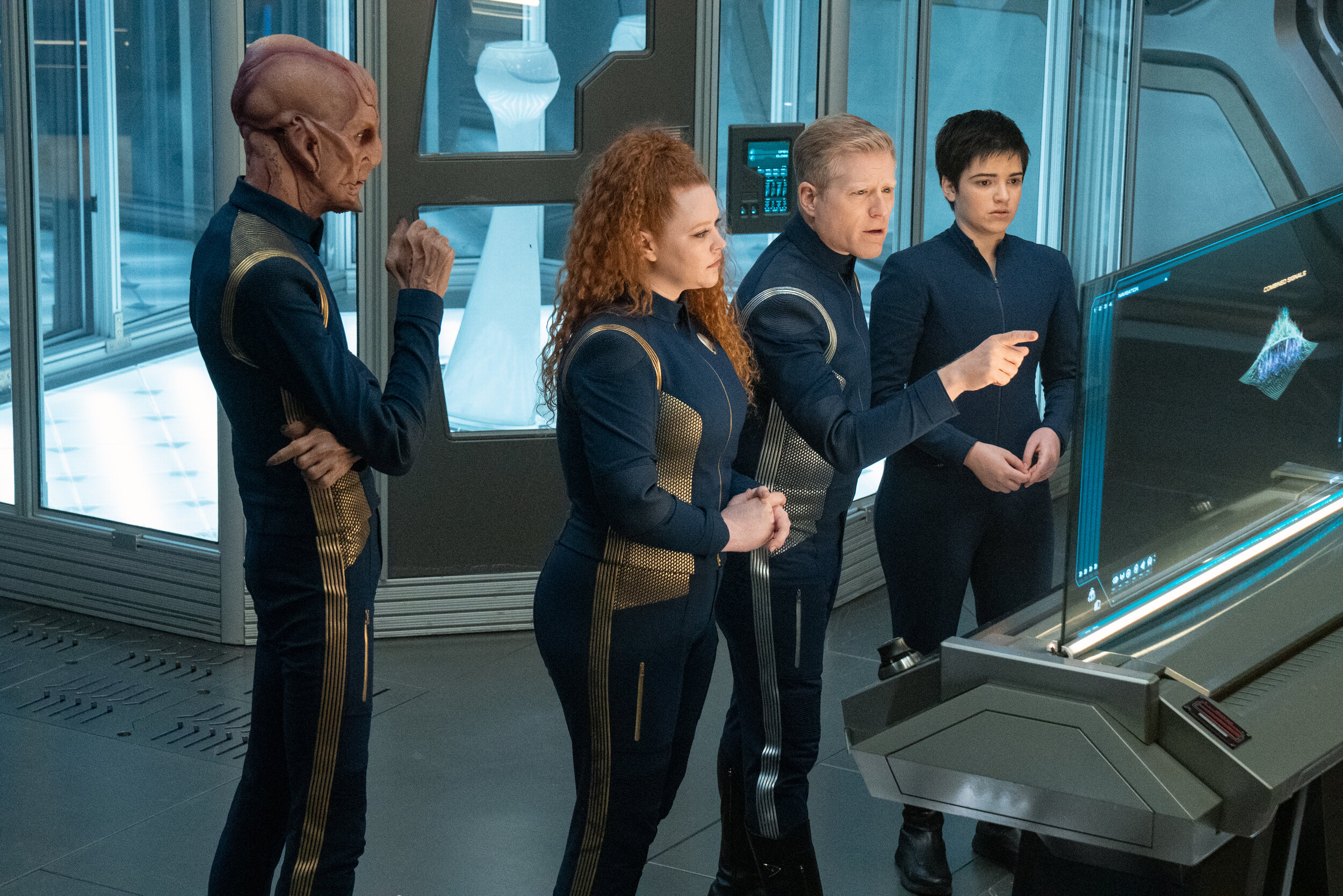   "Terra Firma, Part 1" -- Ep#309 -- Pictured (L-R): Doug Jones as Capt. Saru, Mary Wiseman as Ensign Sylvia Tilly, Anthony Rapp as Lt. Commander Paul Stamets and Blu del Barrio as Adira of the CBS All Access series STAR TREK: DISCOVERY. Photo Cr: Mi