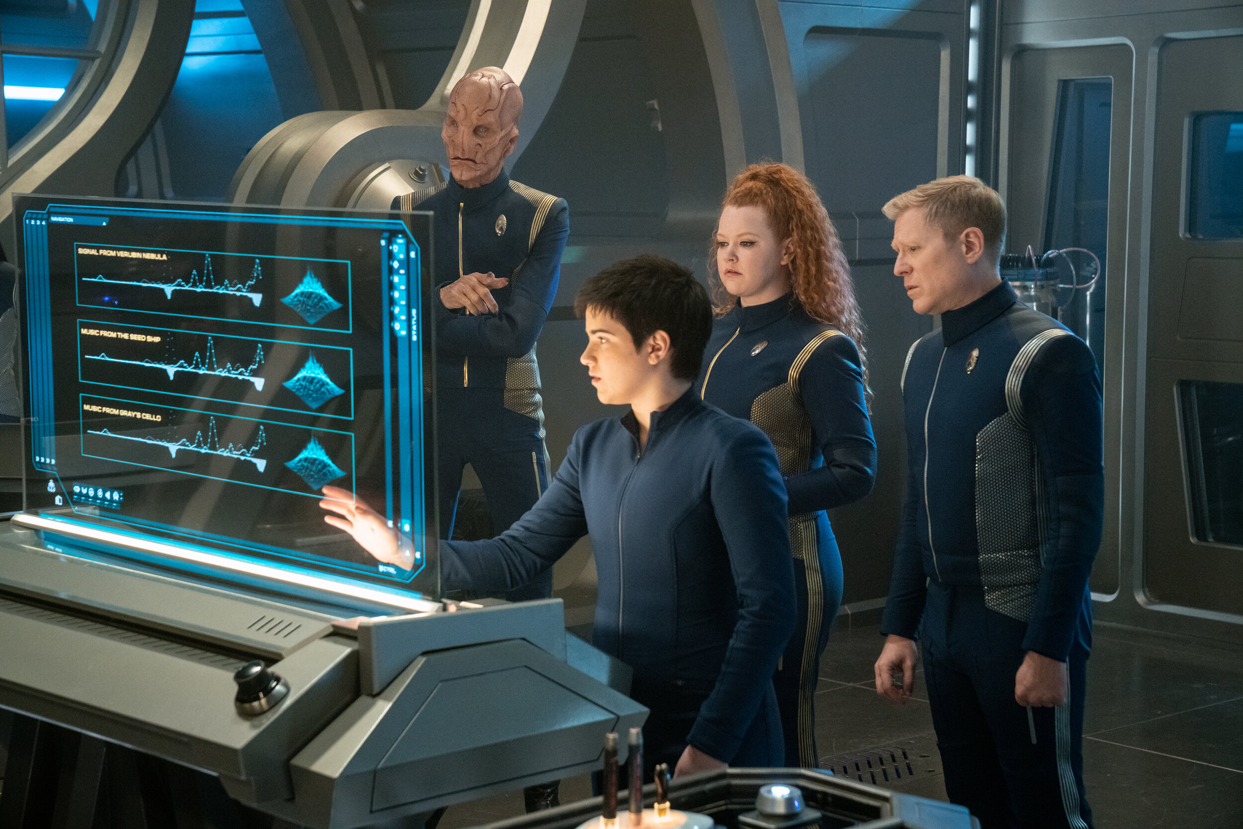  "Terra Firma, Part 1" -- Ep#309 -- Pictured (L-R): Doug Jones as Capt. Saru, Blu del Barrio as Adira, Mary Wiseman as Ensign Sylvia Tilly and Anthony Rapp as Lt. Commander Paul Stamets of the CBS All Access series STAR TREK: DISCOVERY. Photo Cr: Mi