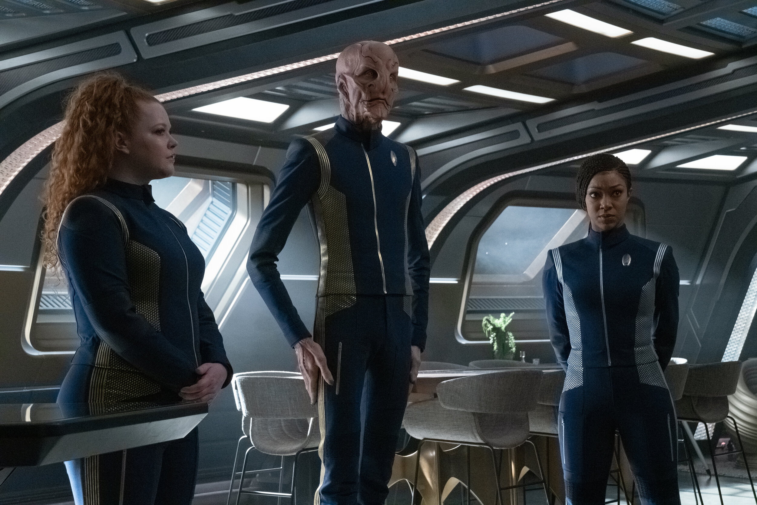   "Su'Kal" -- Ep#311 -- Pictured: Mary Wiseman as Ensign Tilly, Doug Jones as Saru and Sonequa Martin-Green as Commander Burnham of the CBS All Access series STAR TREK: DISCOVERY. Photo Cr: Michael Gibson/CBS ©2020 CBS Interactive, Inc. All Rights Re