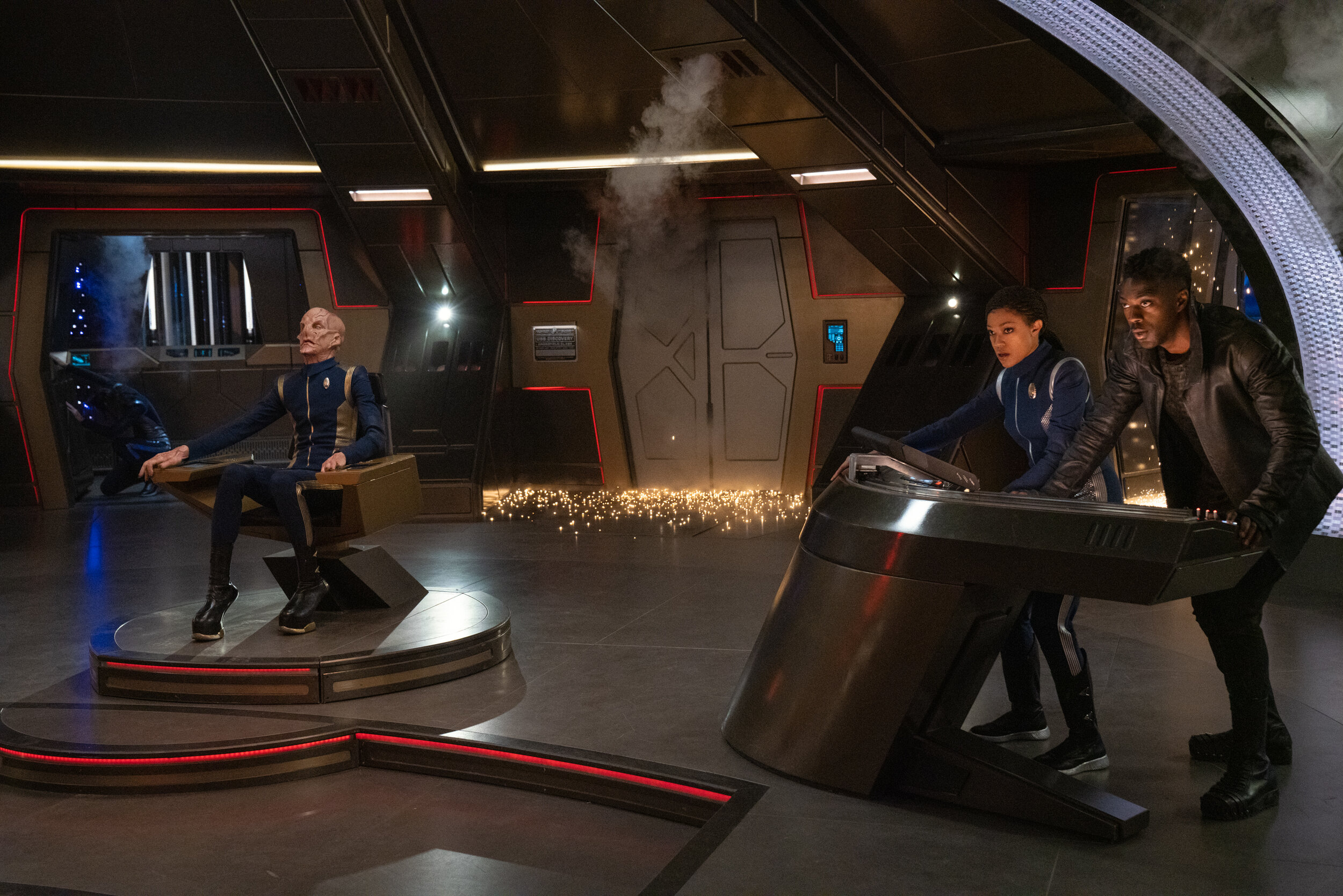  "Su'Kal" -- Ep#311 -- Pictured: Doug Jones as Saru, Sonequa Martin-Green as Commander Burnham and David Ajala as Book of the CBS All Access series STAR TREK: DISCOVERY. Photo Cr: Michael Gibson/CBS ©2020 CBS Interactive, Inc. All Rights Reserved.  