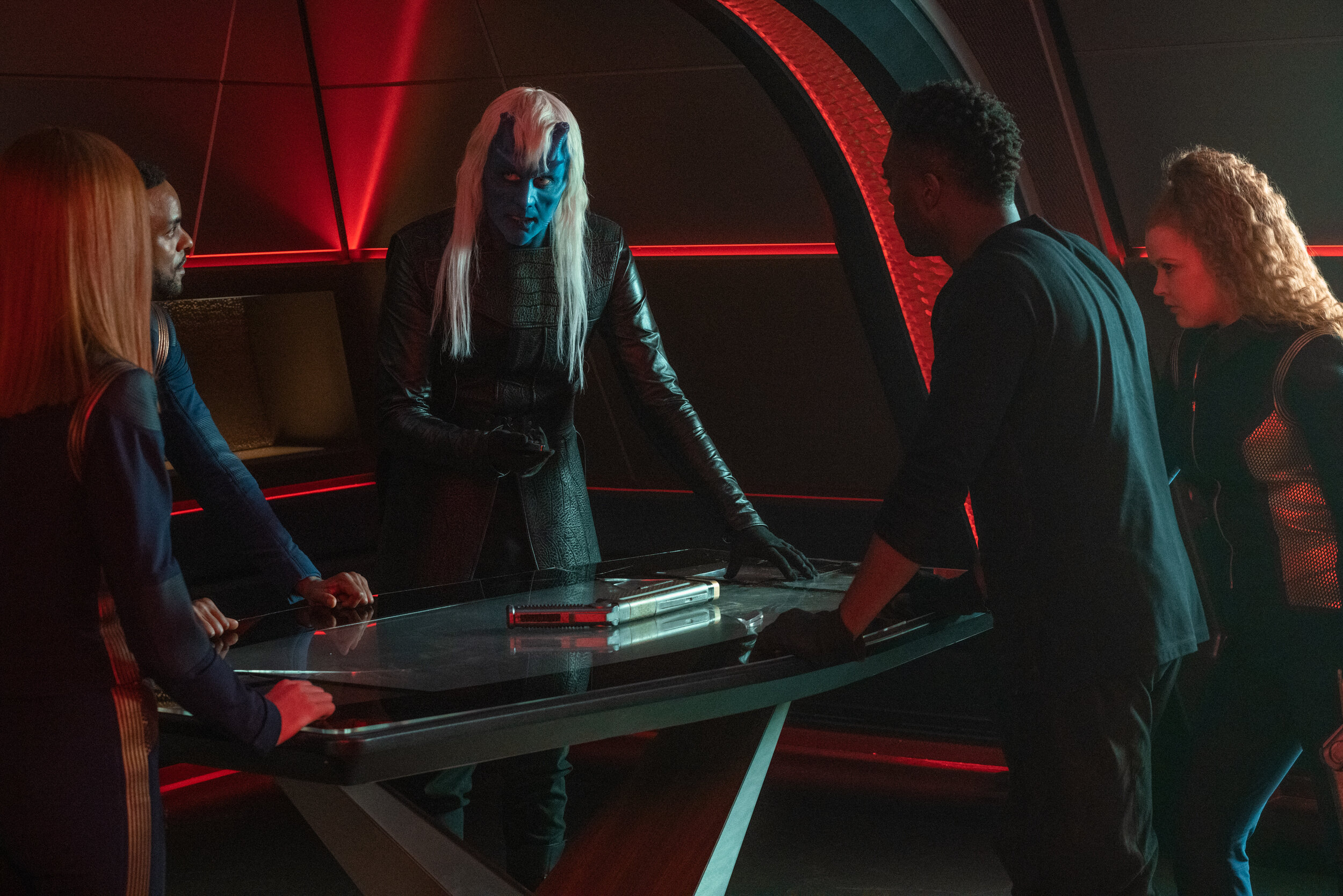   "There Is A Tide..." -- Ep#312 -- Pictured (L-R): Emily Coutts as Lt. Keyla Detmer, Ronnie Rowe Jr as Lt. Bryce, Noah Averbach-Katz as Ryn, David Ajala as Book and Mary Wiseman as Ensign Silvia Tilly of the CBS All Access series STAR TREK: DISCOVER