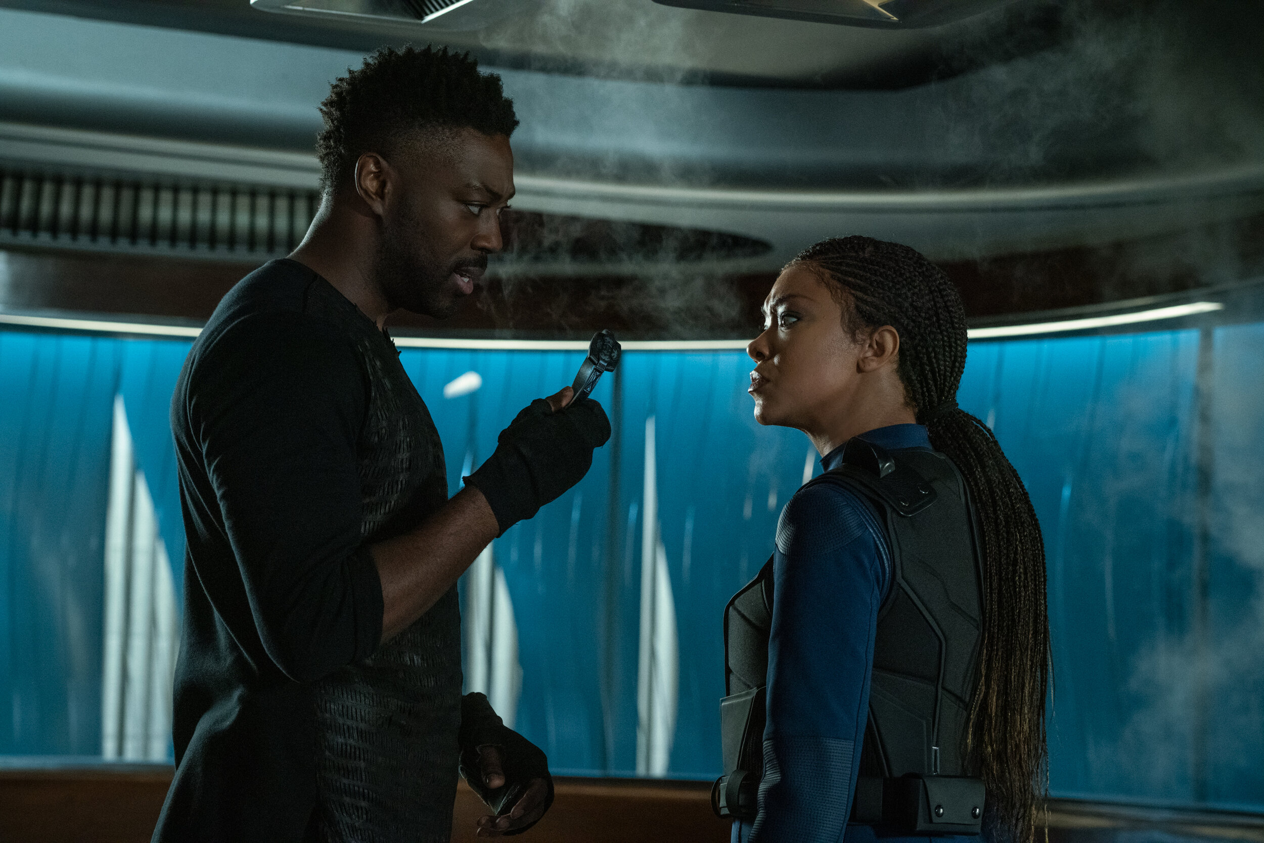   "There Is A Tide..." -- Ep#312 -- Pictured (L-R): David Ajala as Book and Sonequa Martin-Green as Commander Burnham of the CBS All Access series STAR TREK: DISCOVERY. Photo Cr: Michael Gibson/CBS ©2020 CBS Interactive, Inc. All Rights Reserved.  