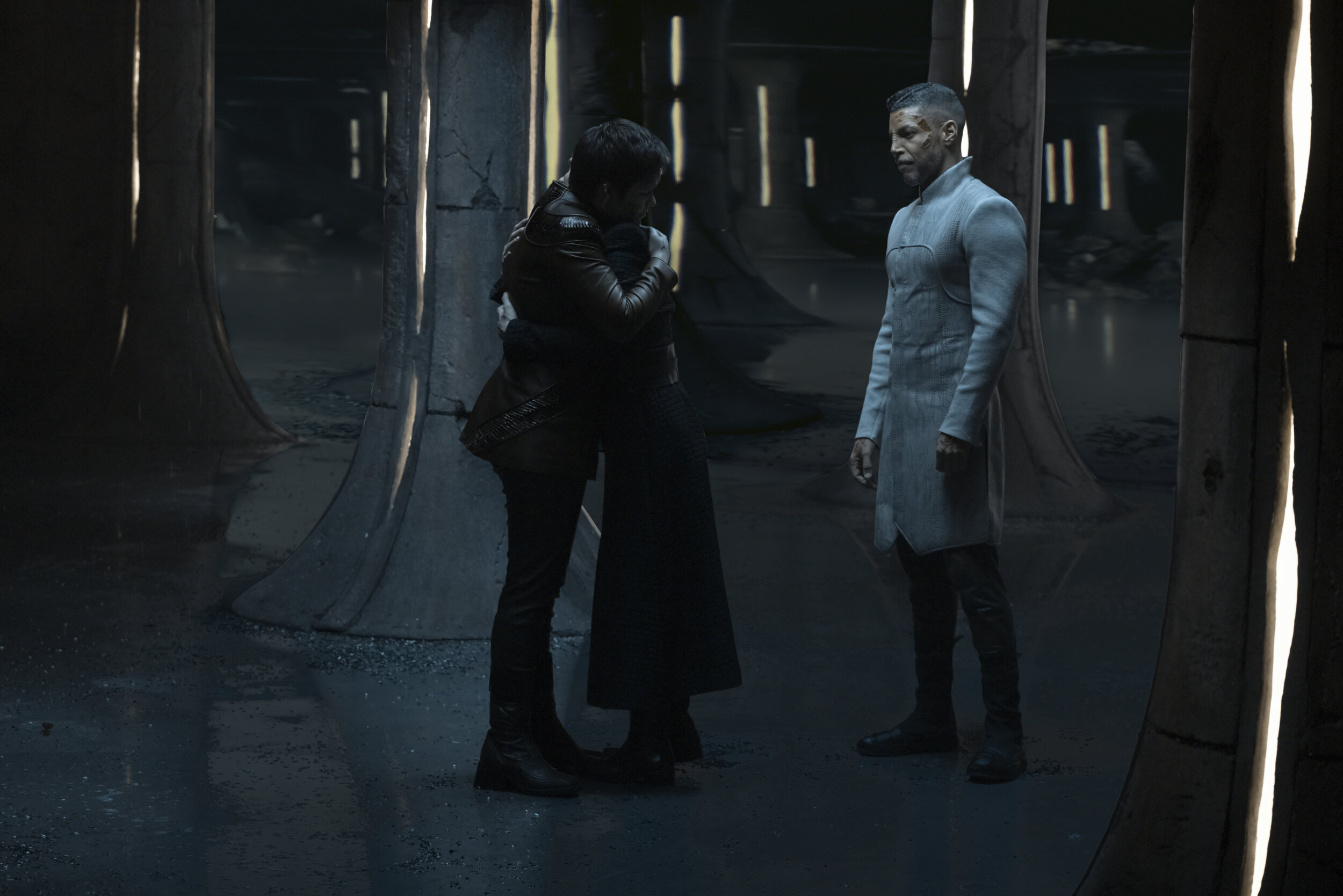   "The Hope That is You, Part 2" -- Ep#313 -- Pictured: Blu del Barrio as Adira, Ian Alexander as Gray and Wilson Cruz as Dr. Hugh Culber of the CBS All Access series STAR TREK: DISCOVERY. Photo Cr: Michael Gibson/CBS ©2020 CBS Interactive, Inc. All 
