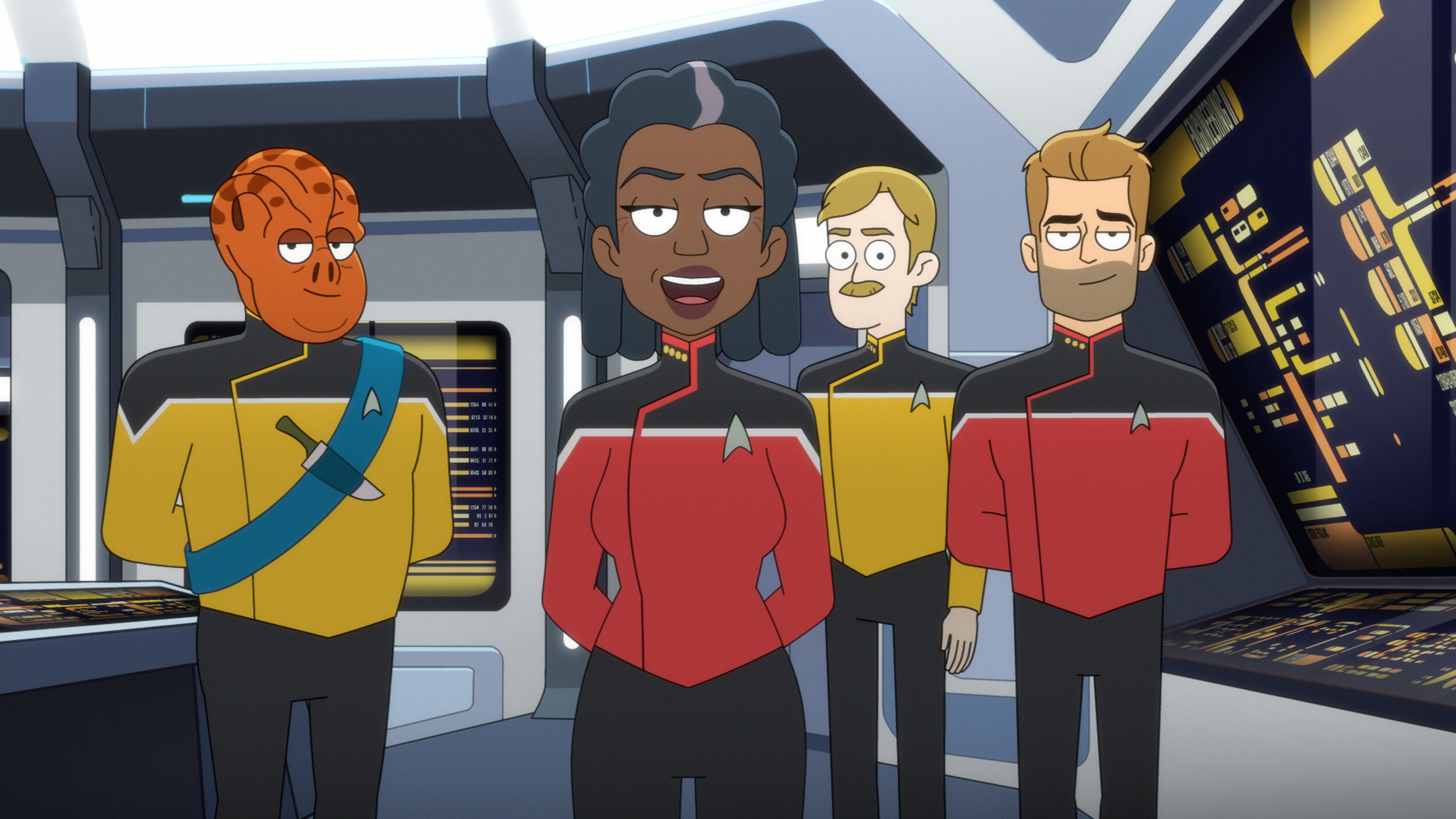   "We'll Always Have Tom Paris" -- Carl Tart as Lieutenant Kayshon, Dawnn Lewis as Captain Carol Freeman and Jerry O'Connell as Commander of the Paramount+ series STAR TREK: LOWER DECKS. Photo: PARAMOUNT+ ©2021 CBS Interactive, Inc. All Rights Reserv