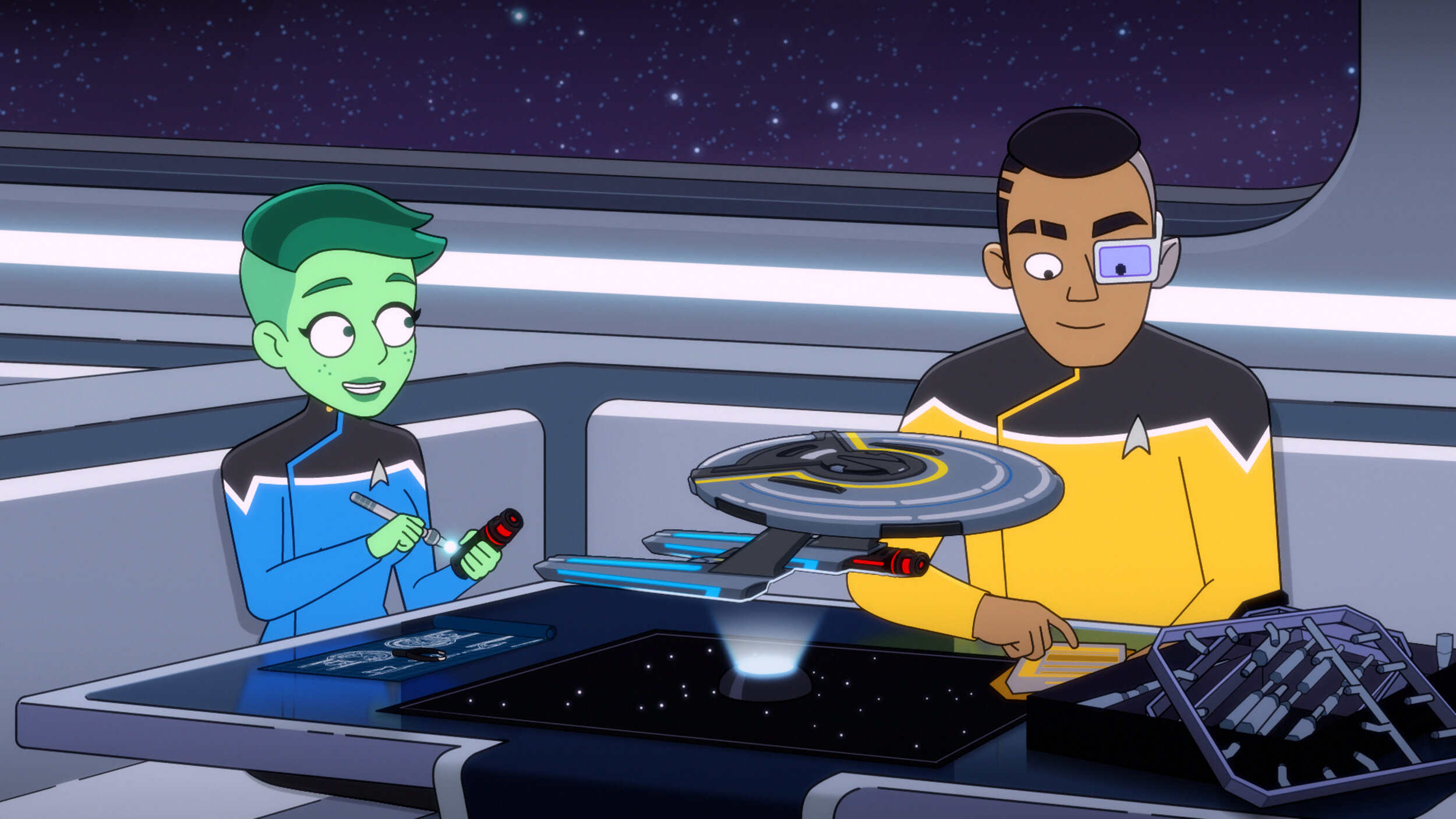   205: "An Embarrassment of Dooplers" -- Noel Wells as Ensign Tendi and Eugene Cordero as Ensign Rutherford of the Paramount+ series STAR TREK: LOWER DECKS. Photo: PARAMOUNT+ ©2021 CBS Interactive, Inc. All Rights Reserved **Best Possible Screen Grab