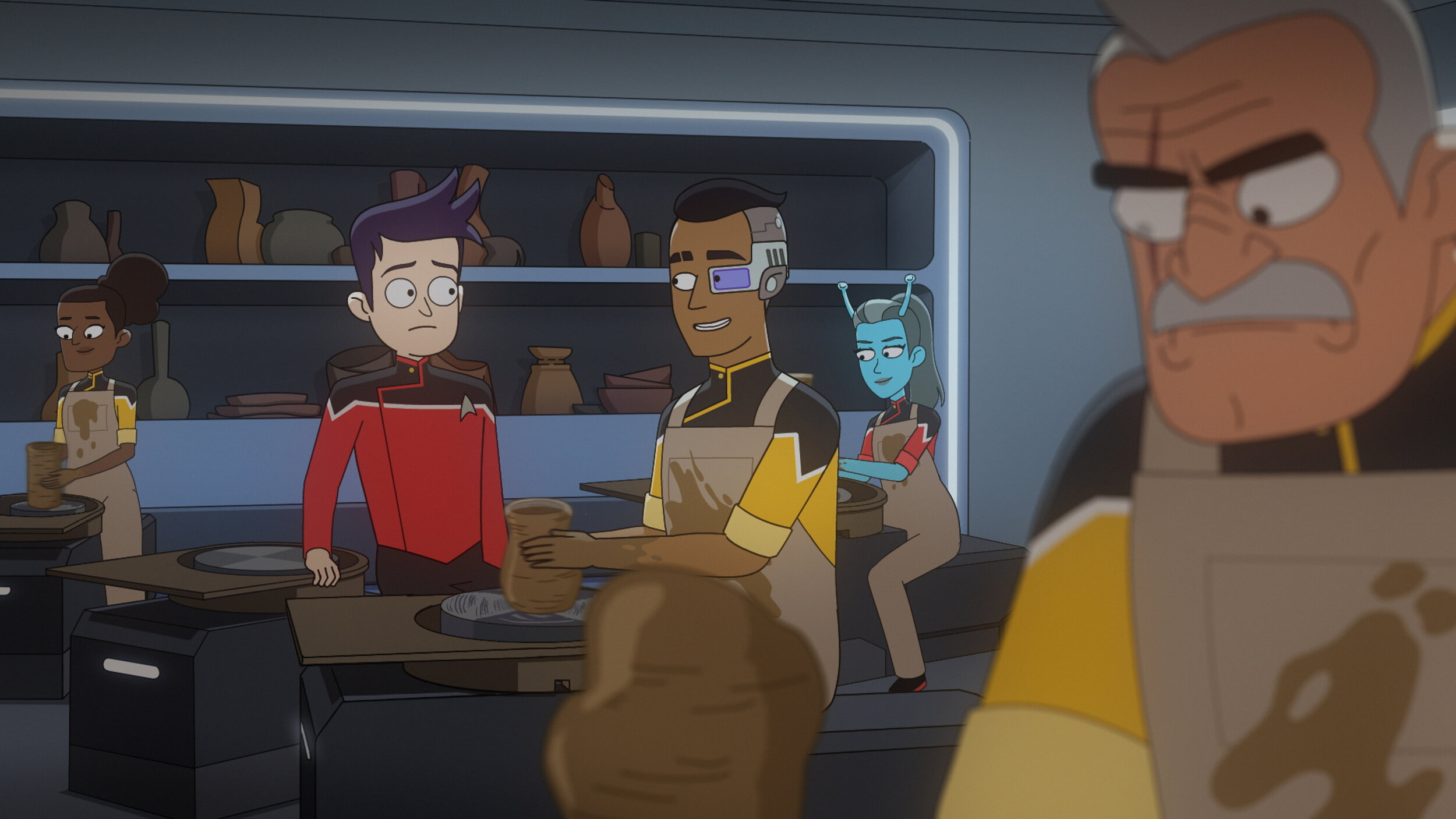   "wej Duj" Ep# 209 -- Jack Quaid as Ensign Brad Boimler, Eugene Cordero as Ensign Rutherford and Fred Tatasciore as Lieutenant Shaxs of the Paramount+ series STAR TREK: LOWER DECKS. Photo: PARAMOUNT+ ©2021 CBS Interactive, Inc. All Rights Reserved *