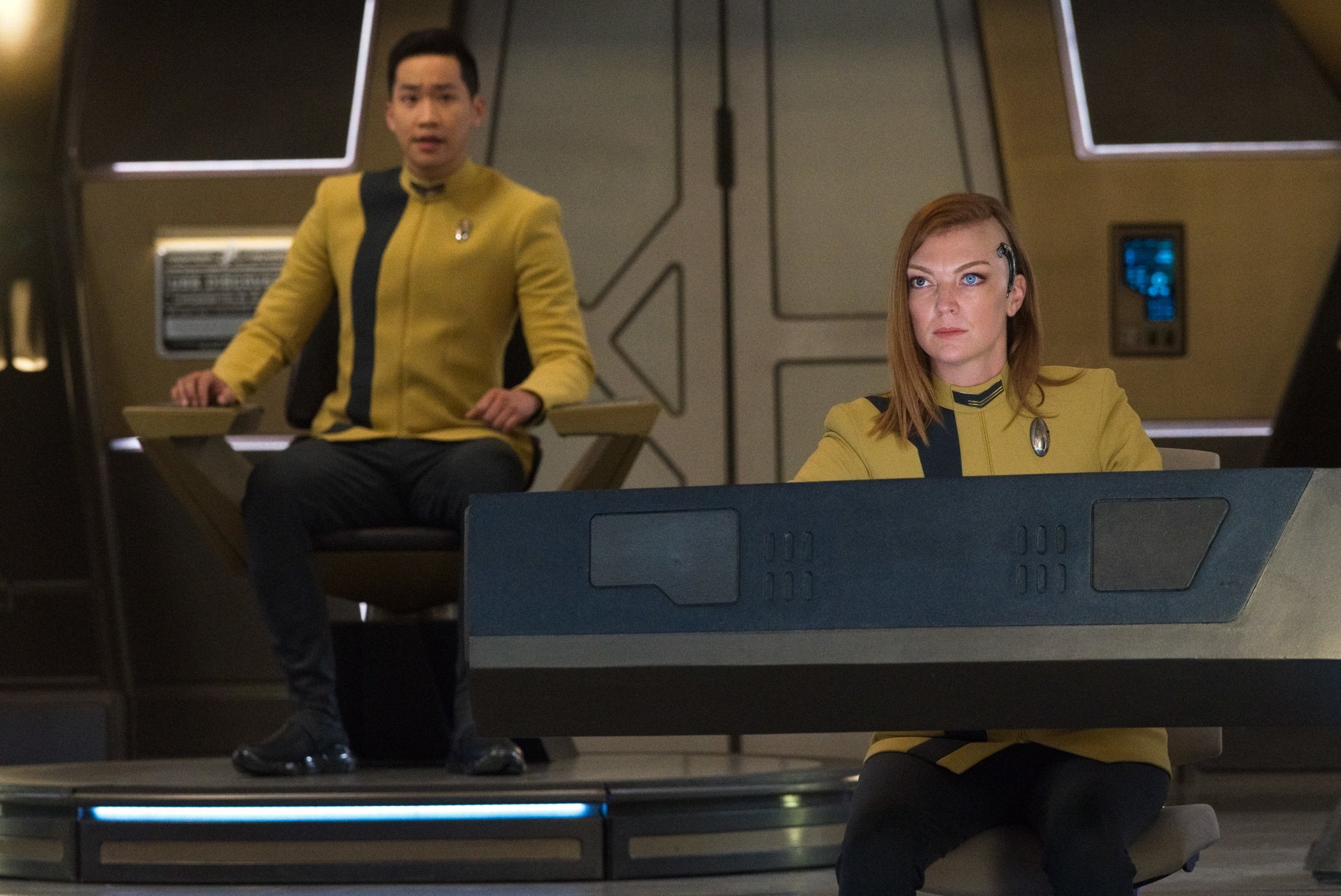   Pictured: Emily Coutts as Lt. Keyla Detmer and Patrick Kwok-Choon as Lt. Gen Rhys of the Paramount+ original series STAR TREK: DISCOVERY. Photo Cr: Michael Gibson/ViacomCBS © 2021 ViacomCBS. All Rights Reserved.  