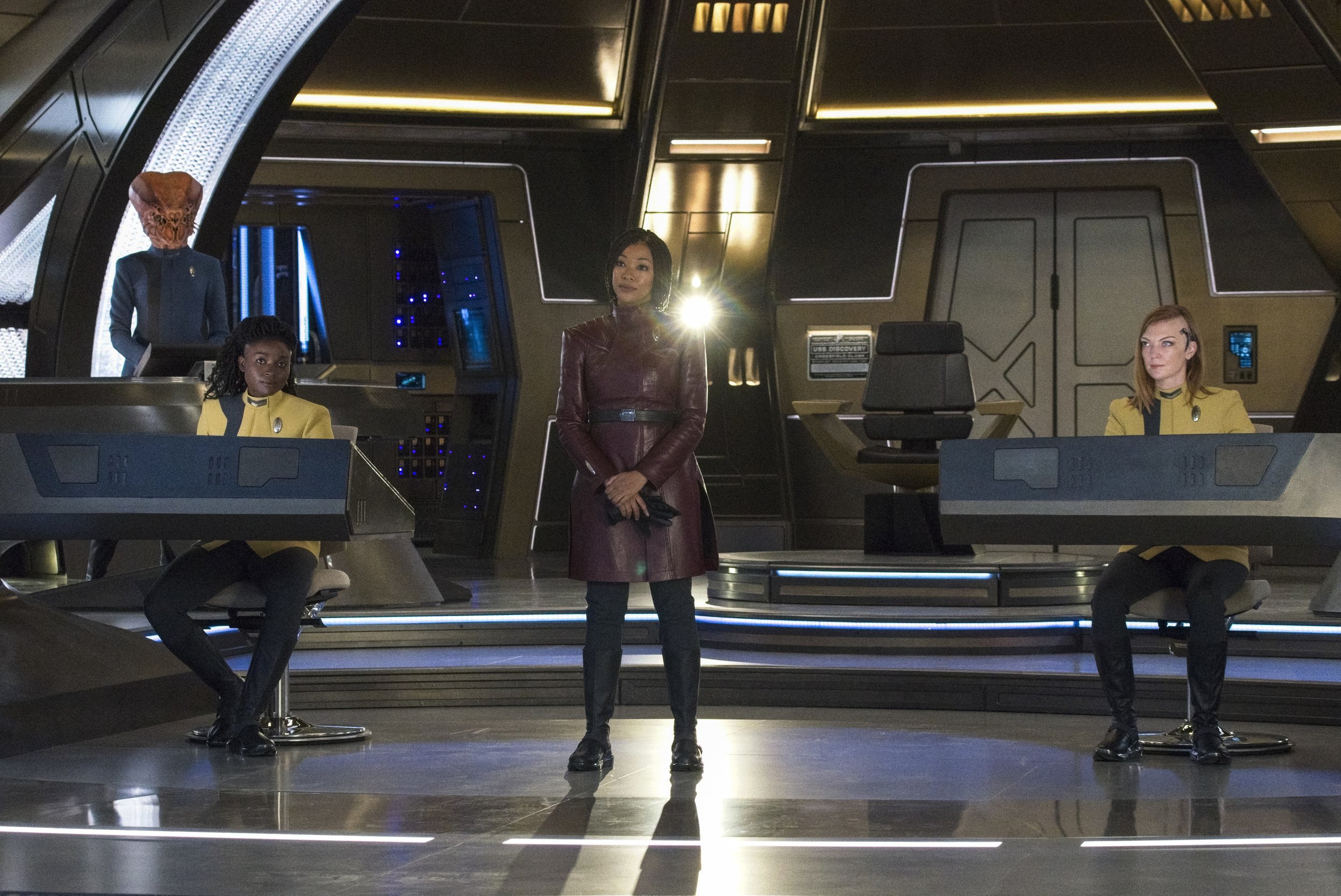   Pictured: Oyin Oladejo as Lt. Joann Owosekun, Sonequa Martin Green as Burnham and Emily Coutts as Lt. Keyla Detmer of the Paramount+ original series STAR TREK: DISCOVERY. Photo Cr: Michael Gibson/ViacomCBS © 2021 ViacomCBS. All Rights Reserved.  