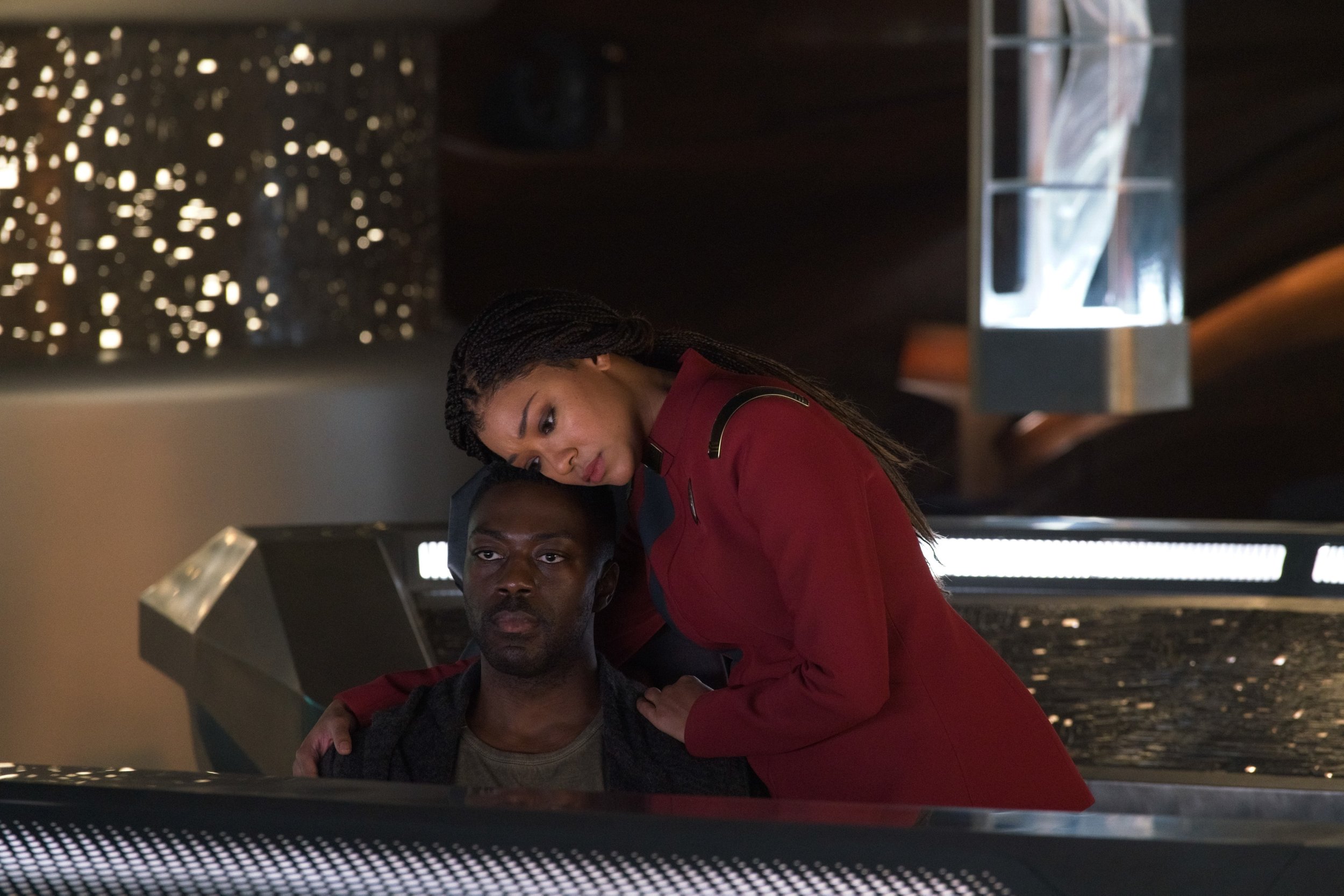   Pictured: David Ajala as Book and Sonequa Martin-Green as Burnham of the Paramount+ original series STAR TREK: DISCOVERY. Photo Cr: Michael Gibson/ViacomCBS © 2021 ViacomCBS. All Rights Reserved.  