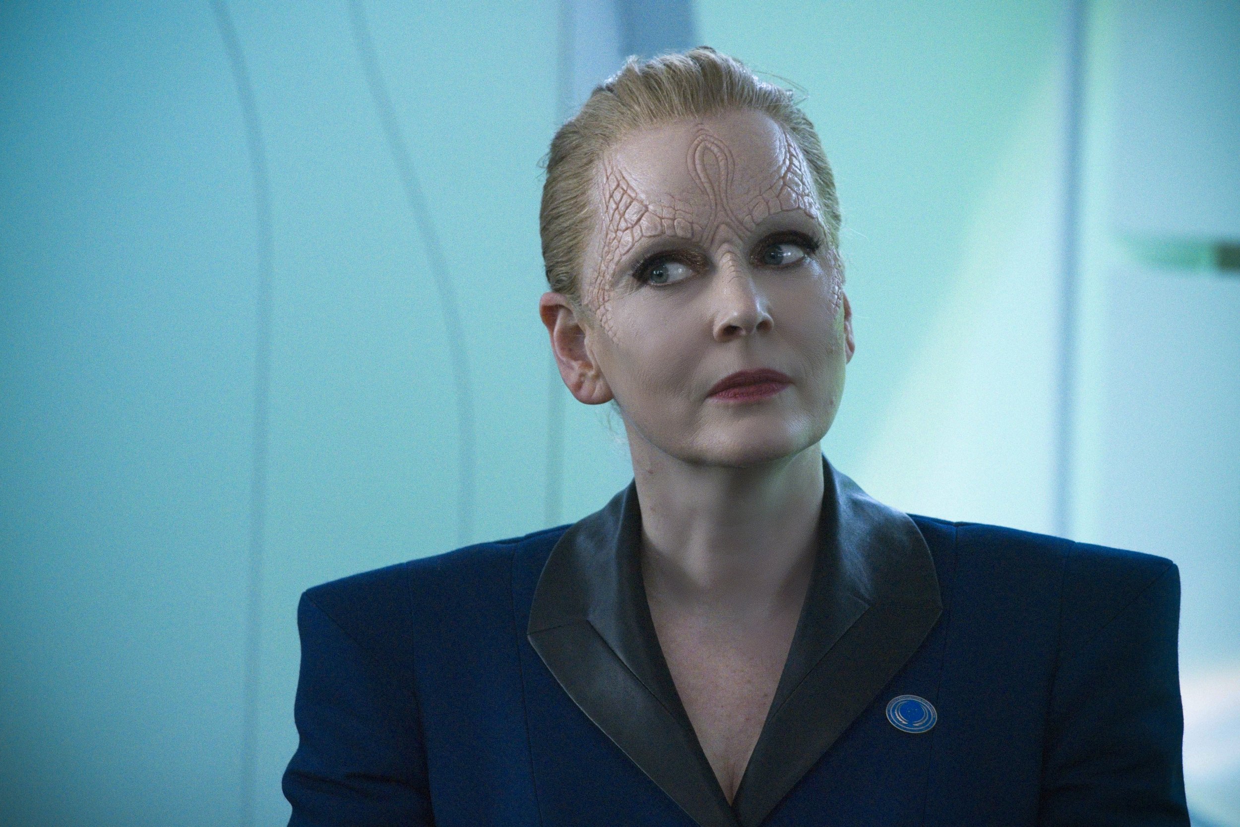   Pictured: Chelah Horsdal as President Laira Rillak of the Paramount+ original series STAR TREK: DISCOVERY. Photo Cr: Michael Gibson/Paramount+ © 2021 CBS Interactive. All Rights Reserved.  