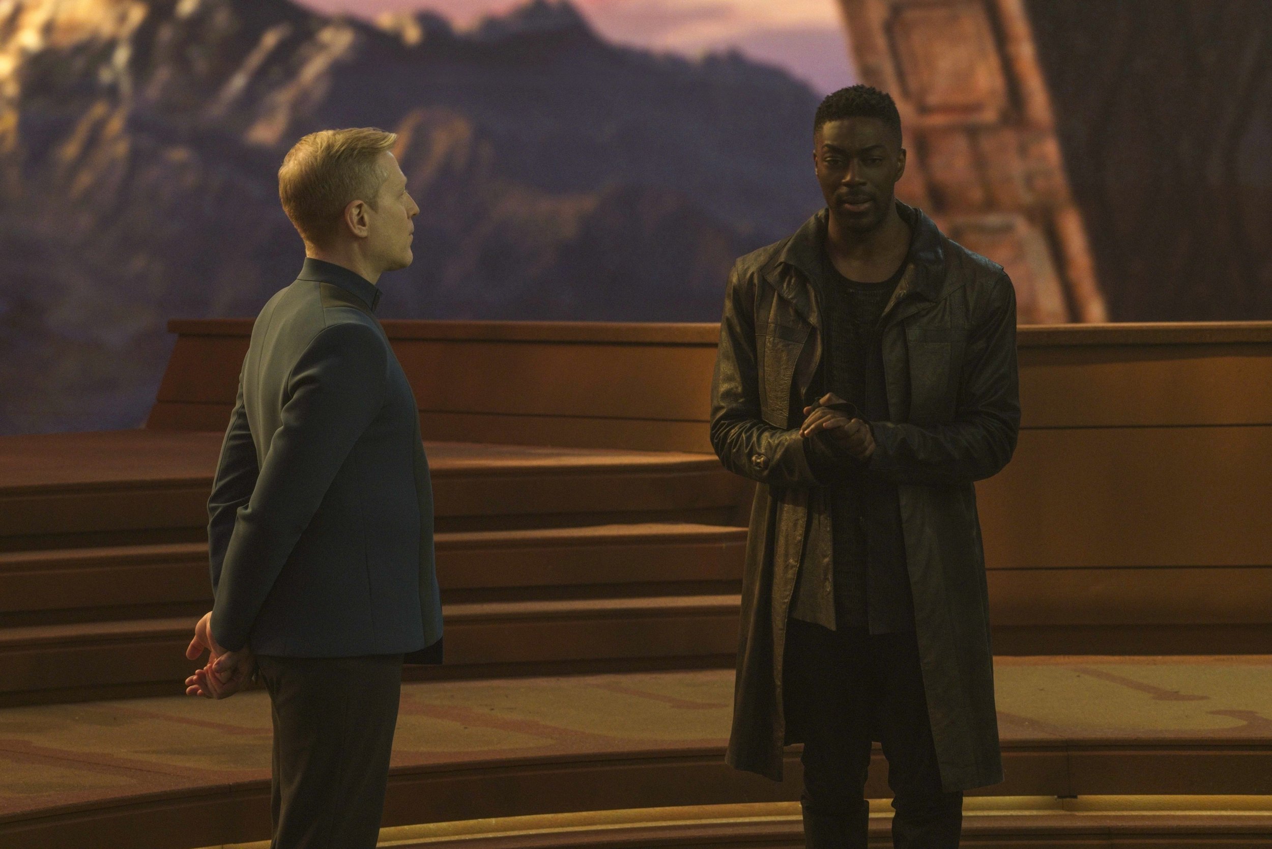   Pictured: Anthony Rapp as Stamets and David Ajala as Book of the Paramount+ original series STAR TREK: DISCOVERY. Photo Cr: Michael Gibson/Paramount+ © 2021 CBS Interactive. All Rights Reserved.  